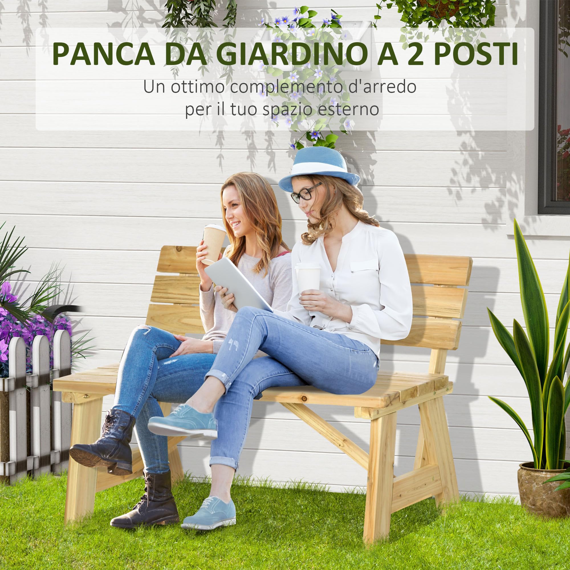 Outsunny Panchina da Esterno in Legno, Panchina 2 Posti da Giardino a Doghe con Schienale Alto, 116x56x80cm, Colore Naturale