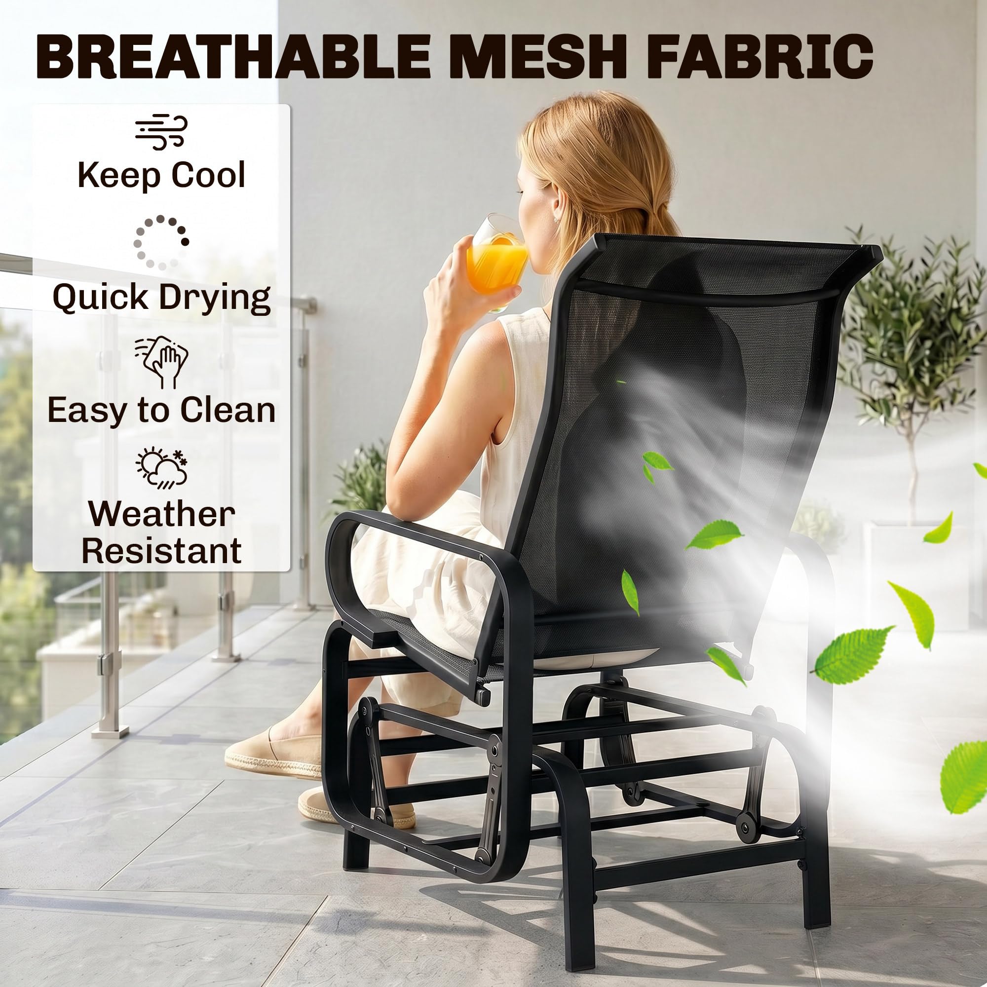 Outsunny Mecedora deslizante para exteriores con marco de metal resistente para jardín, cómoda silla oscilante para patio, patio trasero y piscina, color negro