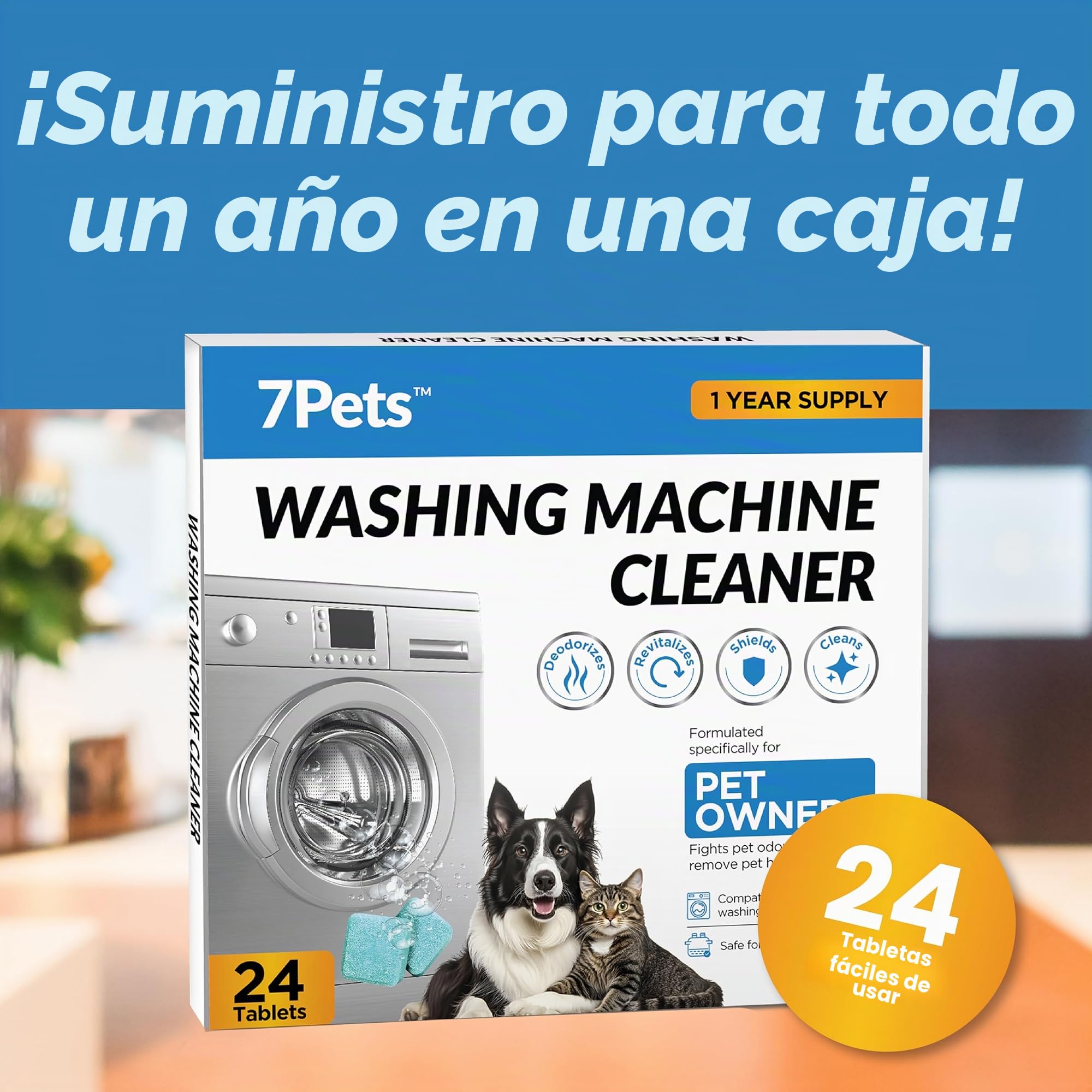 Pastillas limpiadoras de lavadora, paquete de 24, suministro de 1 año, formuladas para dueños de mascotas, descalcificador de limpieza profunda para lavadoras de carga superior y frontal, seguro