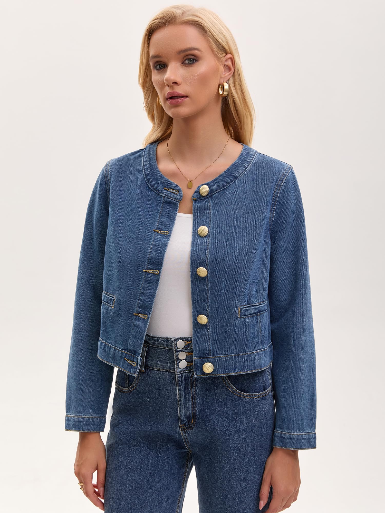 Veste en Jean Femme sans Col et Manches Longues Blouson en Denim à Fermeture Boutonnée Style Vintage