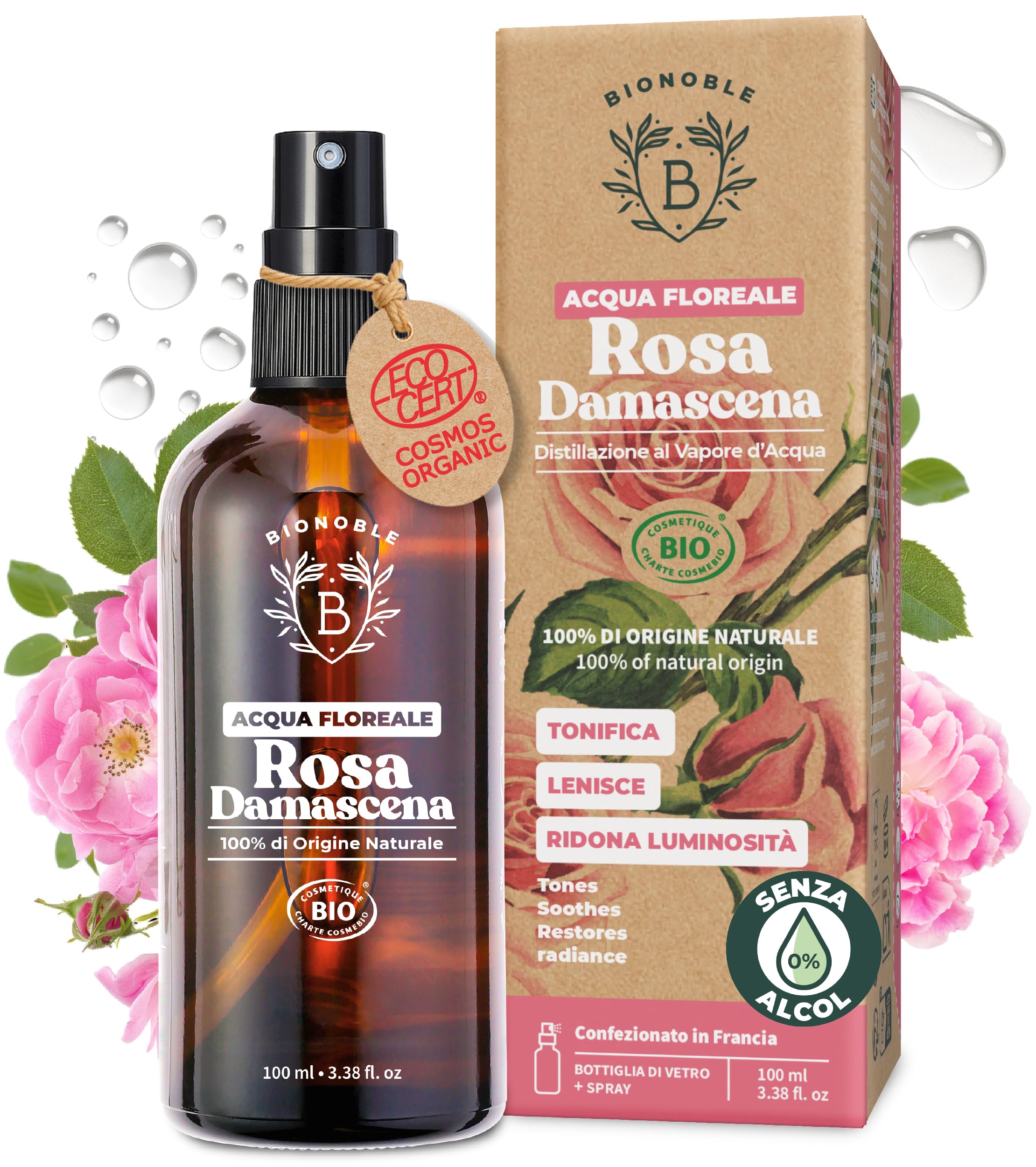 BIONOBLE Acqua di Rose Spray Bio - Tonifica, Calma, Illumina - Idrolato di Rosa 100% Naturale, Senza Alcol - Tonico Acqua alle Rose Viso, Capelli, Contorno Occhi - Bottiglia di Vetro con Spray - 100ml