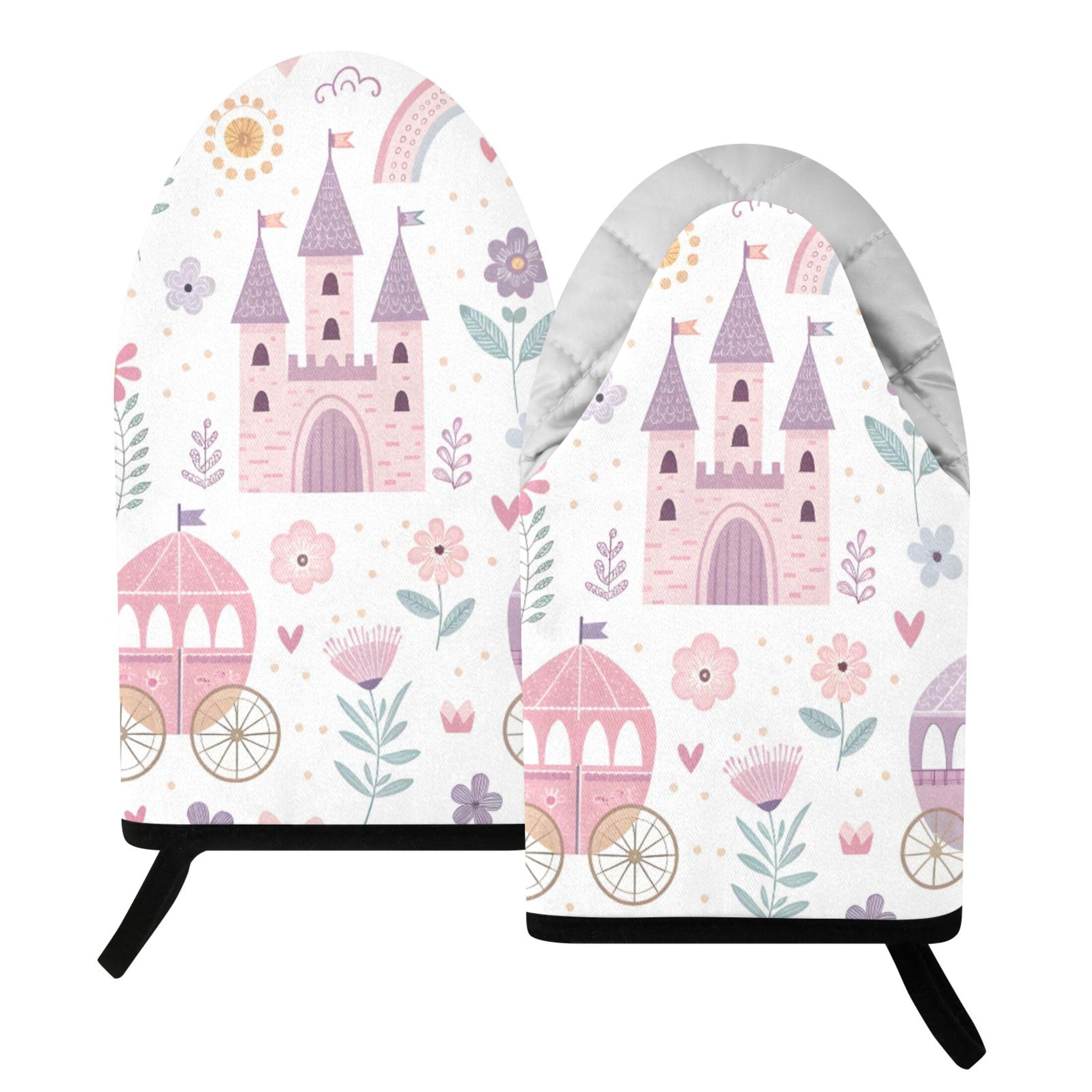 Fuauuyl Oven Mitts Heat Resistant Kitchen Gloves, Princess Castle Classic Oven Gloves with Hanging Loop for Baking BBQ Cooking Grilling, 1 Pair, 9.5 in