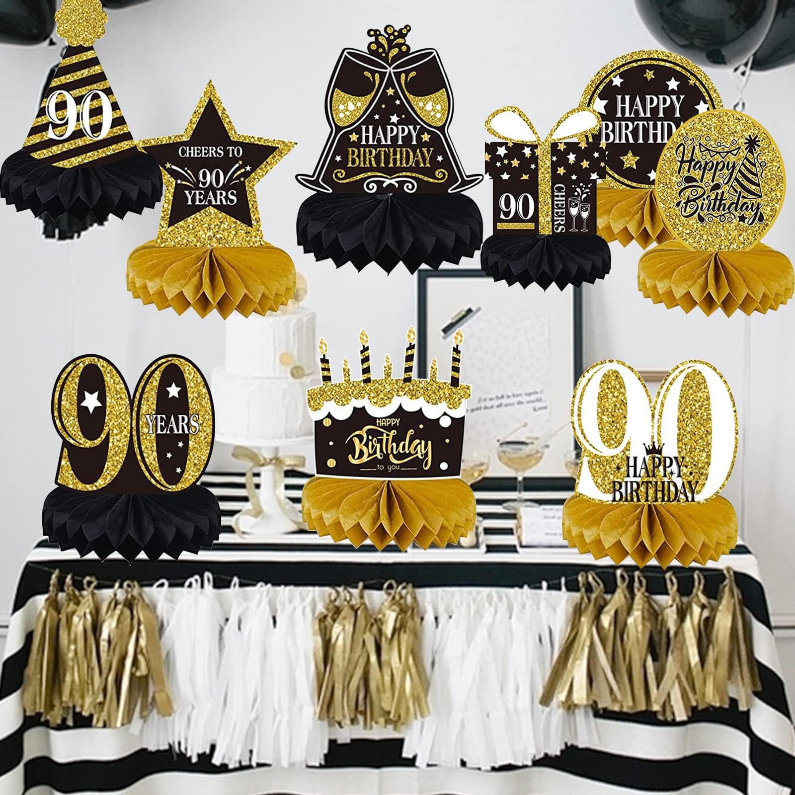 90th Birthday Decorations for Men & Women - Black Gold Honeycomb Centrepieces, 9PCS 90th Birthday Party Table Decorations, Ninety Years Old Milestone Celebration (90th Birthday)
