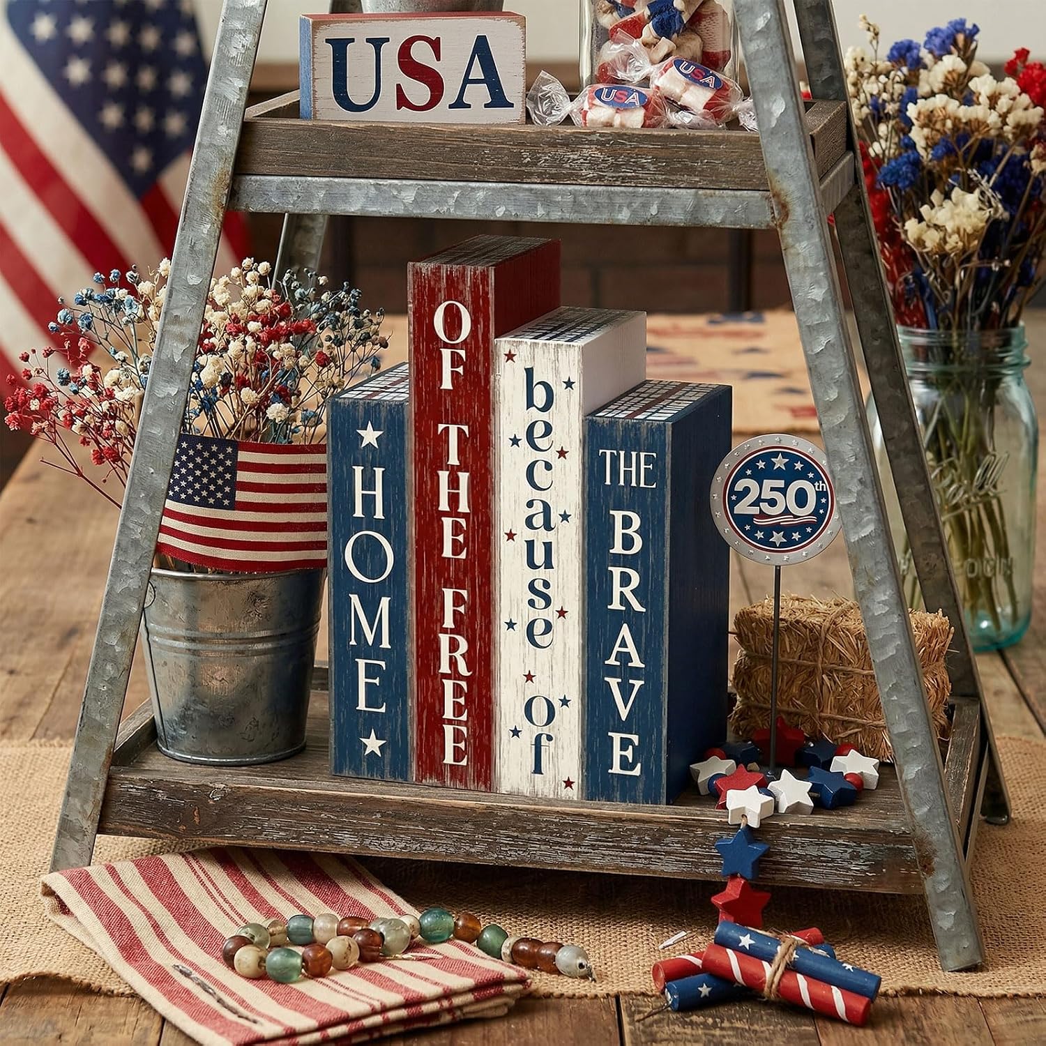 Xuhal 4 Pcs 4th of July Decorations, Americana Rustic Patriotic Decor 250th Anniversary Farmhouse Wooden Decoration Red White Blue Vintage Books for Memorial Day Home Table Tiered Tray Summer Tabletop