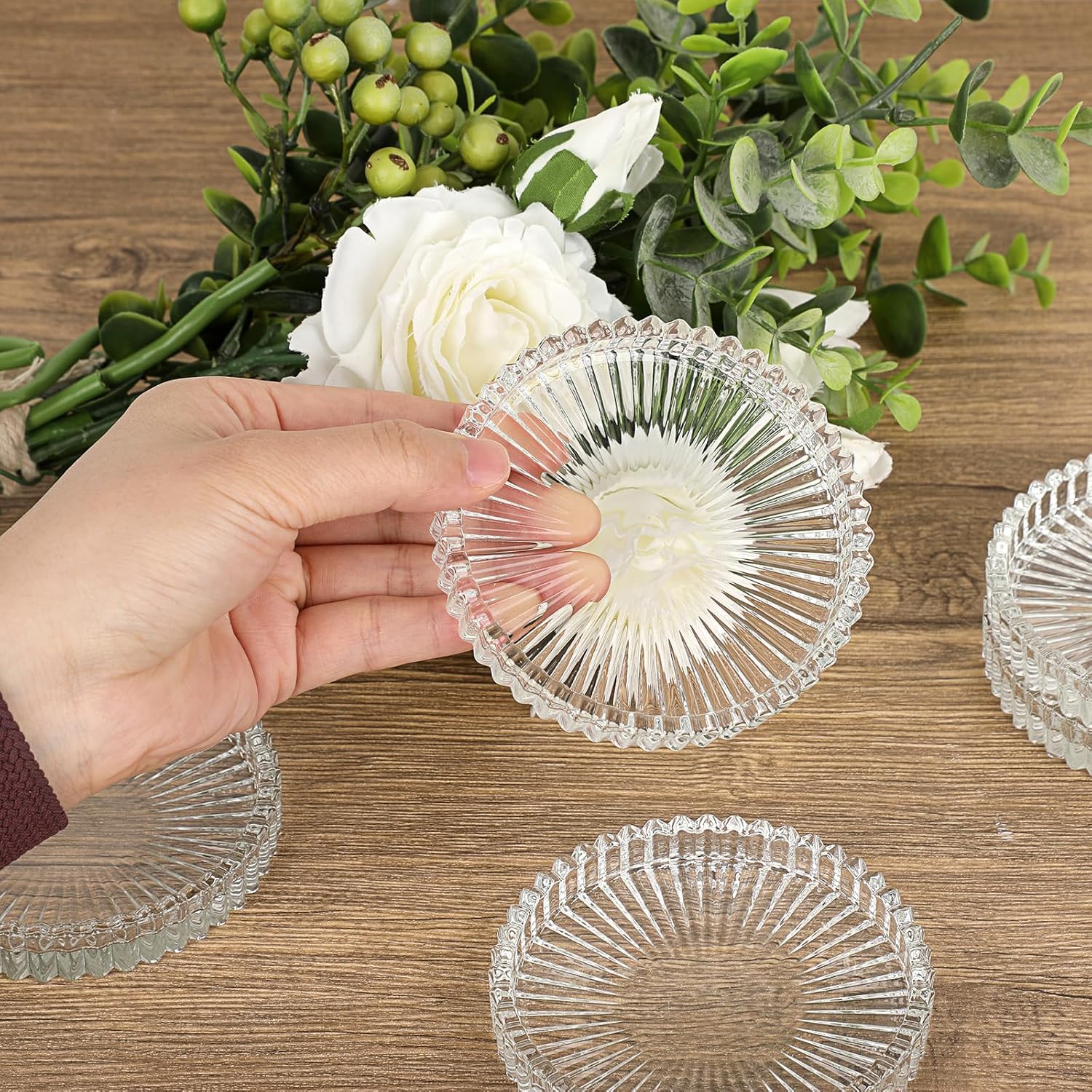 JUXYES 8 Pack Clear Crystal Coasters Round Cup Mat, Glass Coasters for Drinks Coffee Tea Wine, Decorative Wine Bottle Coaster, Crystal Drink Coasters for Restaurant bar Kitchen Dining Table