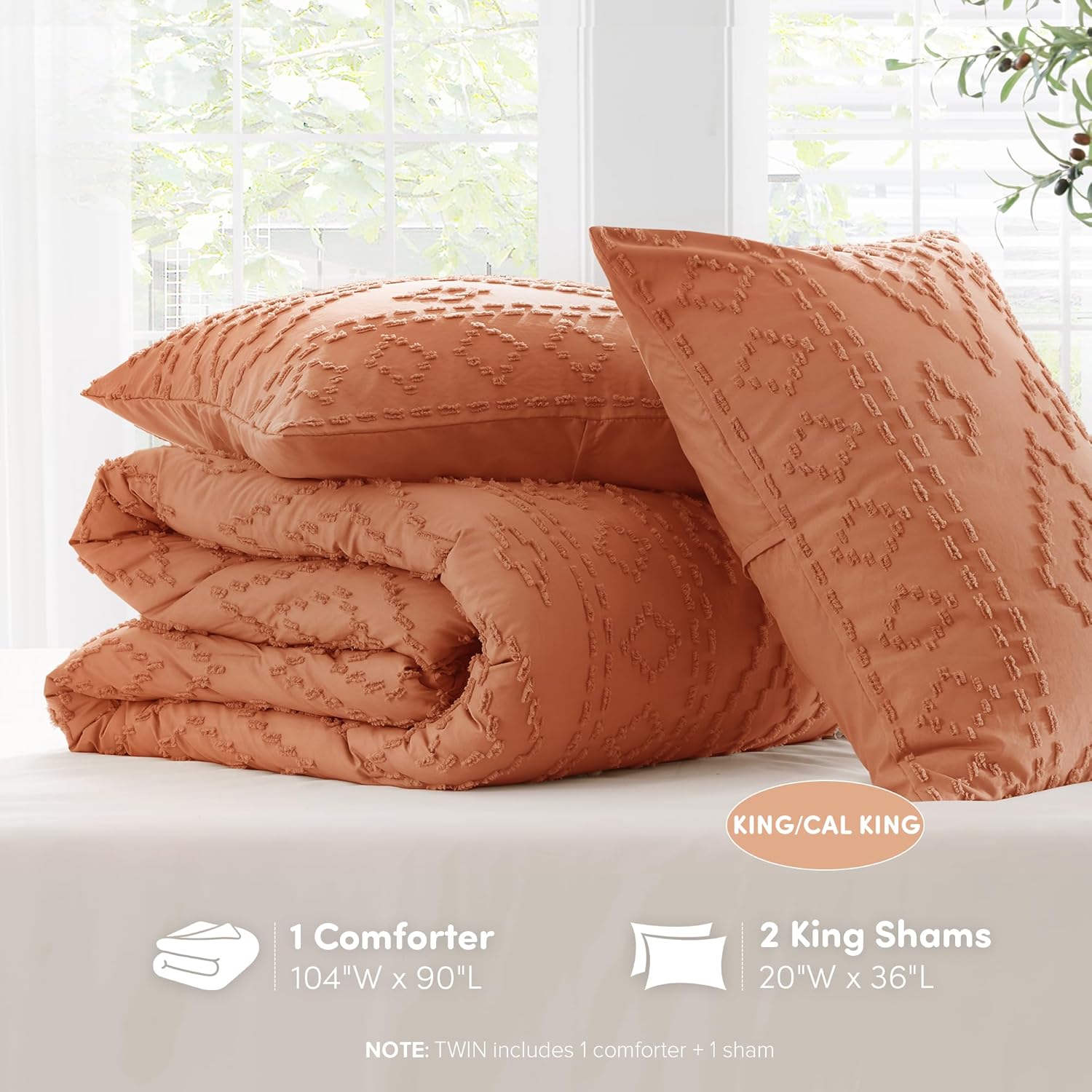 Comfort Spaces Comforter for King Size Bed, Geometric Diamond Tufted Boho Comforter Set, All Season Lightweight Bedding Set, Matching Sham, King/Cal King Terracotta 3 Piece - Image 8