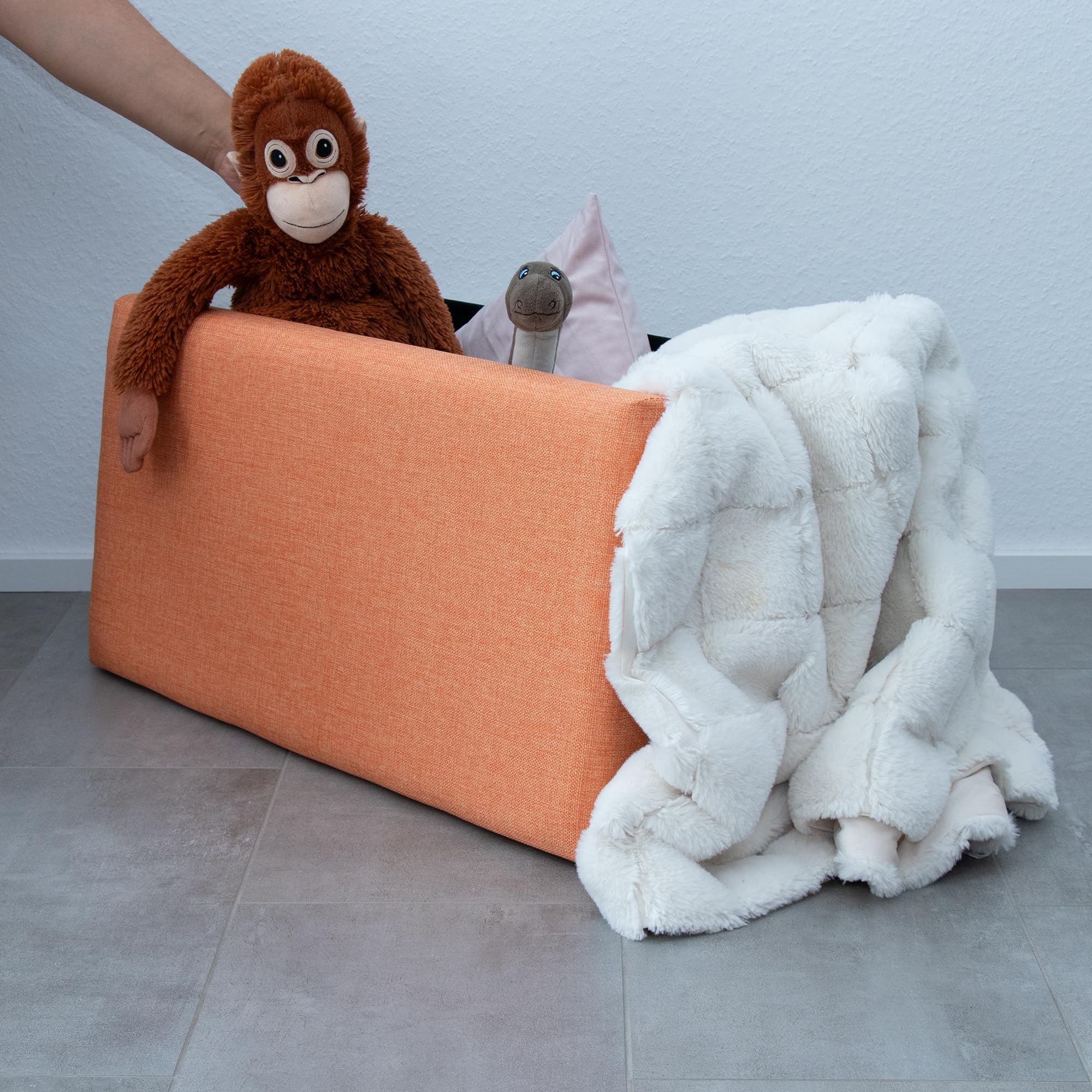INTIRILIFE Pouf Pieghevole 78x38x38 cm in Orange MANDARINI - Cassapanca Cubo Contenitore Imbottito de Tessuto a l'Ottica Lino con Coperchio - Ottomane Poggapiedi Sgabello Panca Poltrona