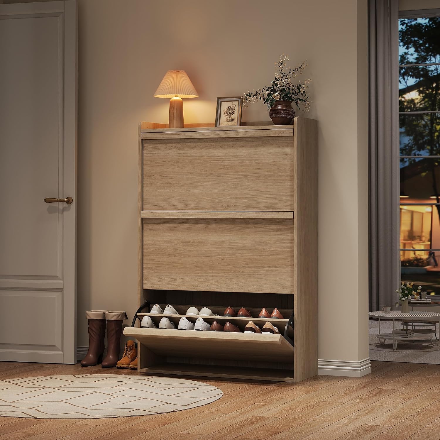 GAOMON Shoe Cabinet with 3 Flip Drawers, Modern Shoe Storage for Entryway, Wooden Shoe Organizer Cabinet with Adjustable Shelf, Hidden Shoe Rack for Hallway, Living Room, Natural