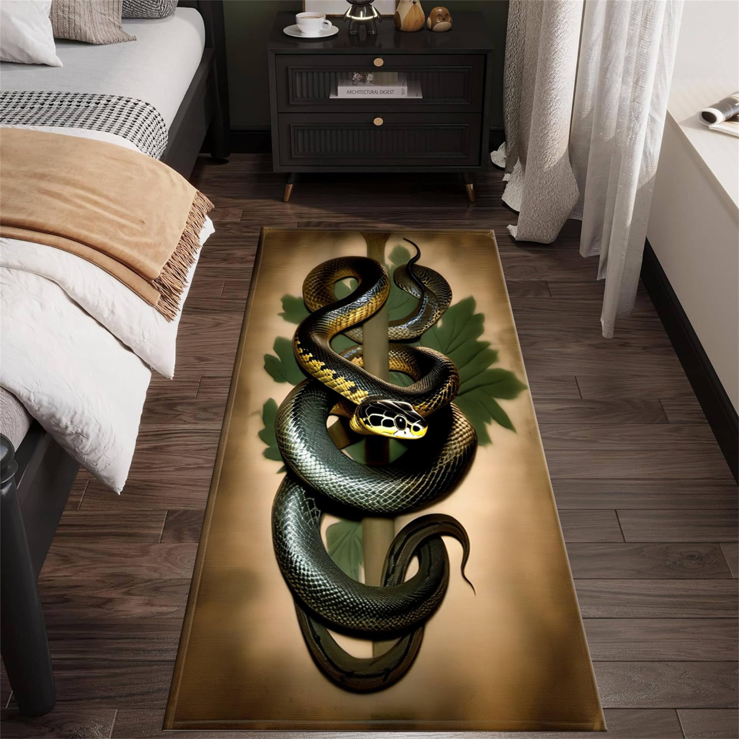Srocvi Snake Runner Rugs Violent Wildlifes Serpent Intertwined with Sword and Green Leaves Design Hallway Carpet Retro Rustic Cabin Style Decor Rug
