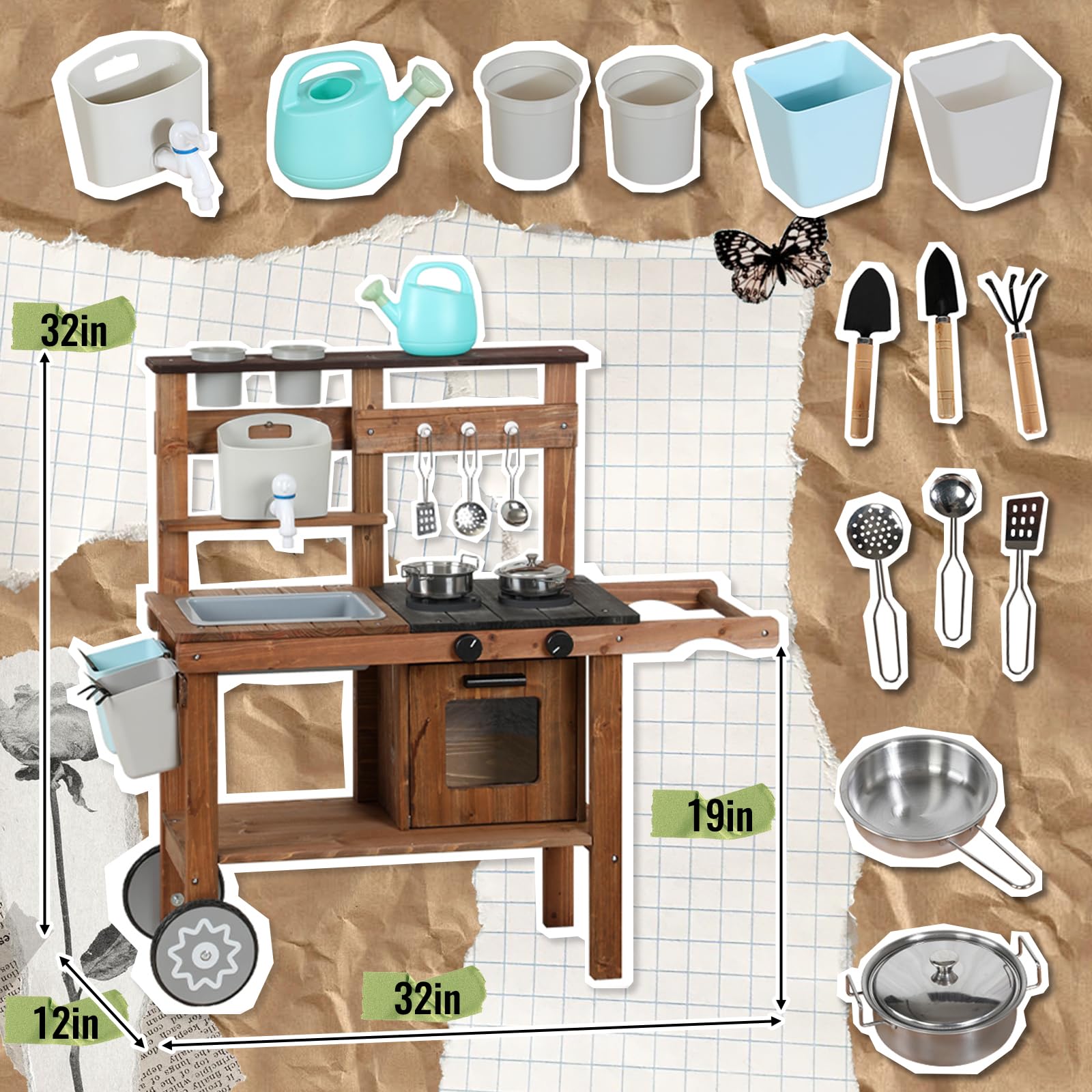 Big Game Hunters Cucina Del Fango In Legno Per Bambini Con Rubinetto Funzionante - Gioco Creativo All'Aperto Da 18 Mesi A 12 Anni - 4
