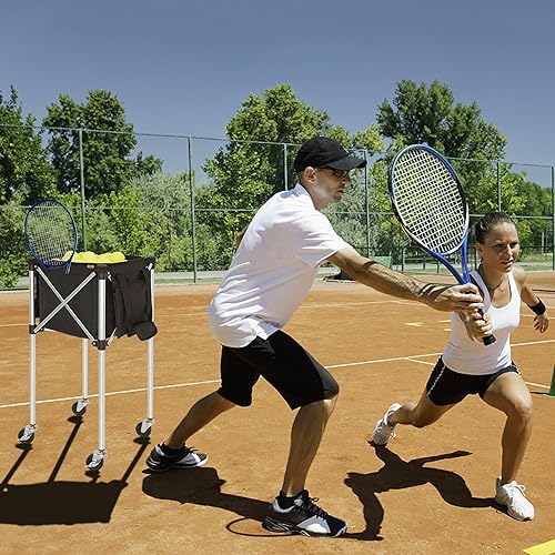 Miniatura 8 de Carrito plegable para pelotas de tenis con capacidad para 180 pelotas de tenis con ruedas, carros de enseñanza deportivos con bolsa de