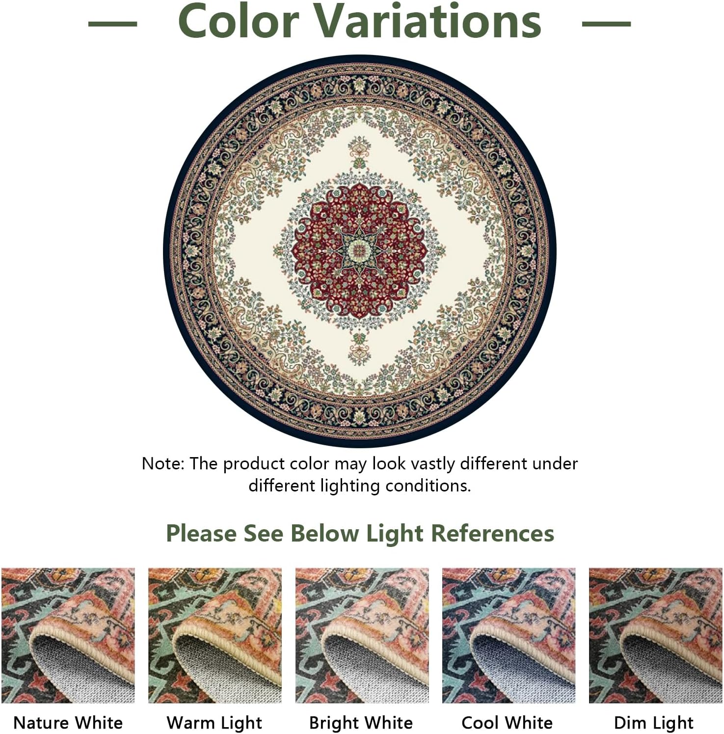 Boho Area Rug 24" (2') Round Washable Bedroom Non-Slip Vintage Entryway Throw Low-Pile Indoor Carpet for Living Room Foyer