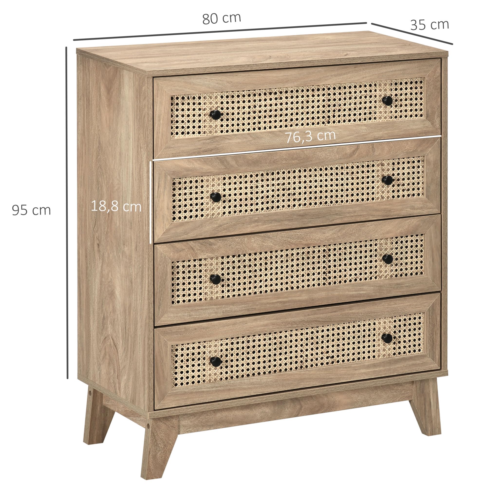 HOMCOM Commode 4 Tiroirs 80 x 35 x 95 cm Aspect Bois Clair | Meuble de Rangement avec Cannage en Rotin