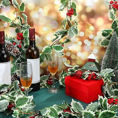 Miniatura 4 de Juego de 9 guirnaldas de acebo con bayas, incluye guirnalda de bayas rojas de Navidad de 5.7 pies con ganchos, hojas verdes, enredaderas de invierno
