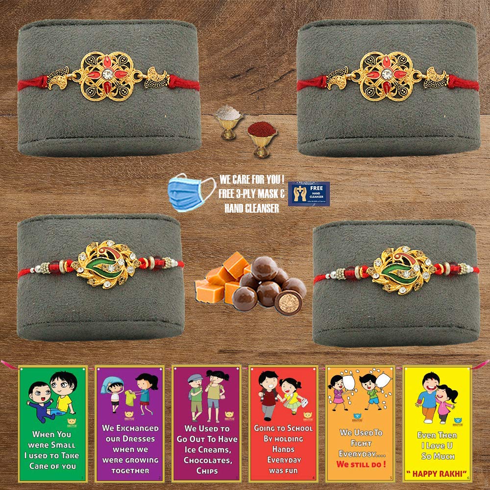 BOGATCHI C4C-5 Rakhi for Brother with Chocolate, Rakhi Set of 4, Premium Rakhi Set of 4 with Chocolates, 4 Rakhi Combo, Rakhi for Brother Combo , 50g