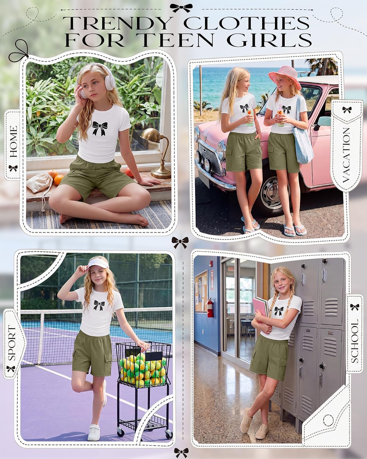 Xaatren Girls 2 Piece Outfit Tween Summer Set Bow Print Slim Top and Quick-dry Cargo Short Teen Girl Cute Outfit Size 7-16y