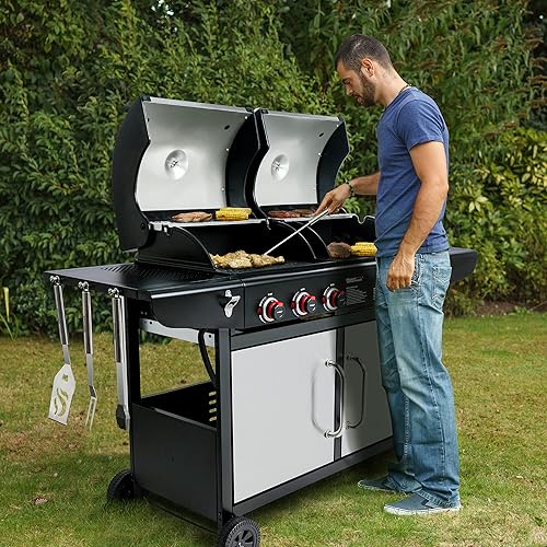 Miniatura 8 de Royal Gourmet ZH3002SN - Combo de parrilla de gas y carbón de combustible dual de 25,500 BTU de 3 quemadores, estilo gabinete, color plateado