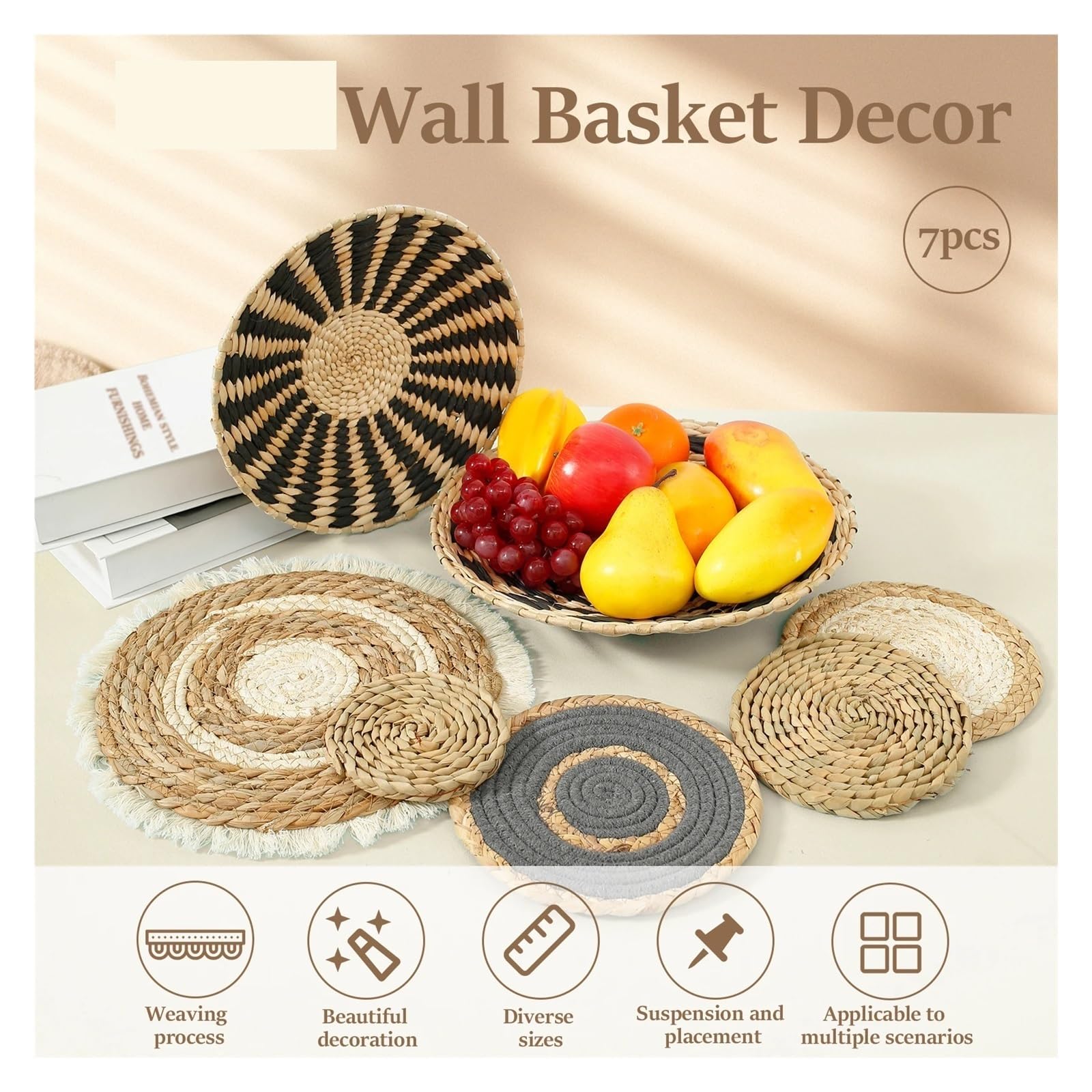 7 Uds. Cesta de Pared Tejida Redonda, decoración de Pared Tejida Hecha a Mano for el hogar, decoración de Pared Colgante for Fiesta Decoración de Pared
