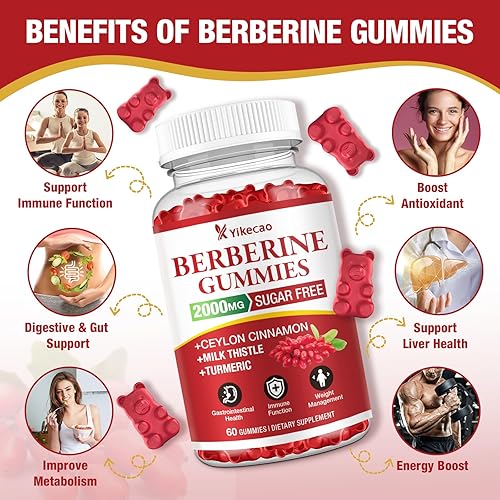 Miniatura 4 de Gomitas de berberina de 2000 mg con canela de Ceilán, suplemento orgánico de berberina HCL para mujeres y hombres, sin azúcar, veganas, sin OMG, sin