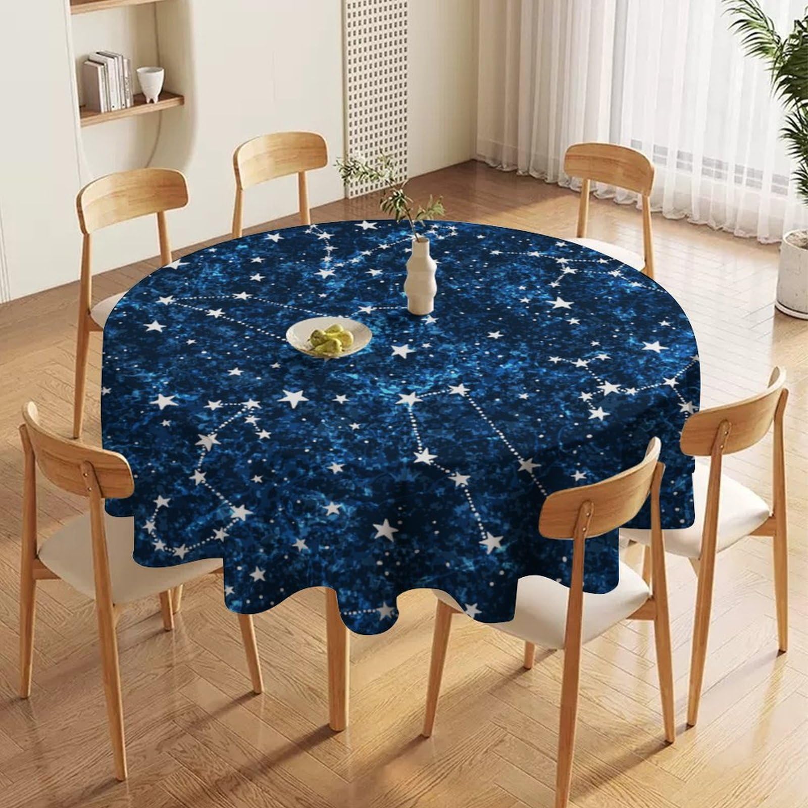 PHTAYOT Boho Stars Universe Round Tablecloth, Universe Gold Shining Constellations Night Sky Star Table Cover for Home Kitchen Dining Room Outdoor