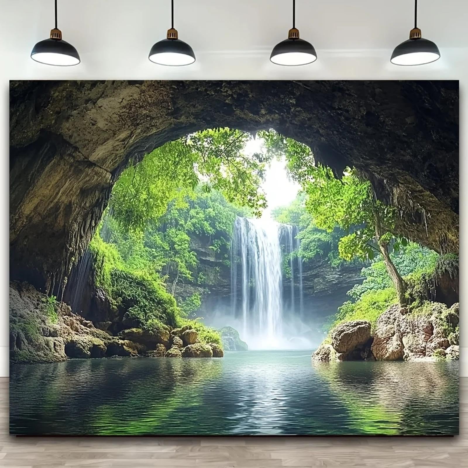 1PC Alegría de la Naturaleza-Cascada Selva Tropical y Escena del río con Puente Madera-Decoración Pared Grande
