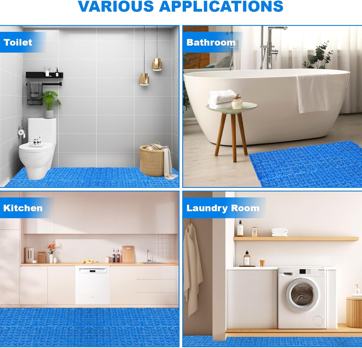 Modular Interlocking Cushion, 12 Pcs 11.6" x 11.6" Non-Slip Splicing Drainage Mats with Drain Holes, Soft PVC Floor Tiles for Restroom, Bathroom, Kitchen, Deck, Pool, Patio, Balcony, Yard