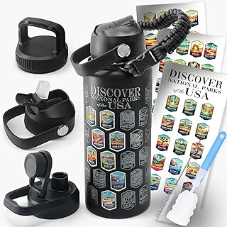 The National Parks Water Bottle with 63 Waterproof Stickers, 3 Lids (Str...