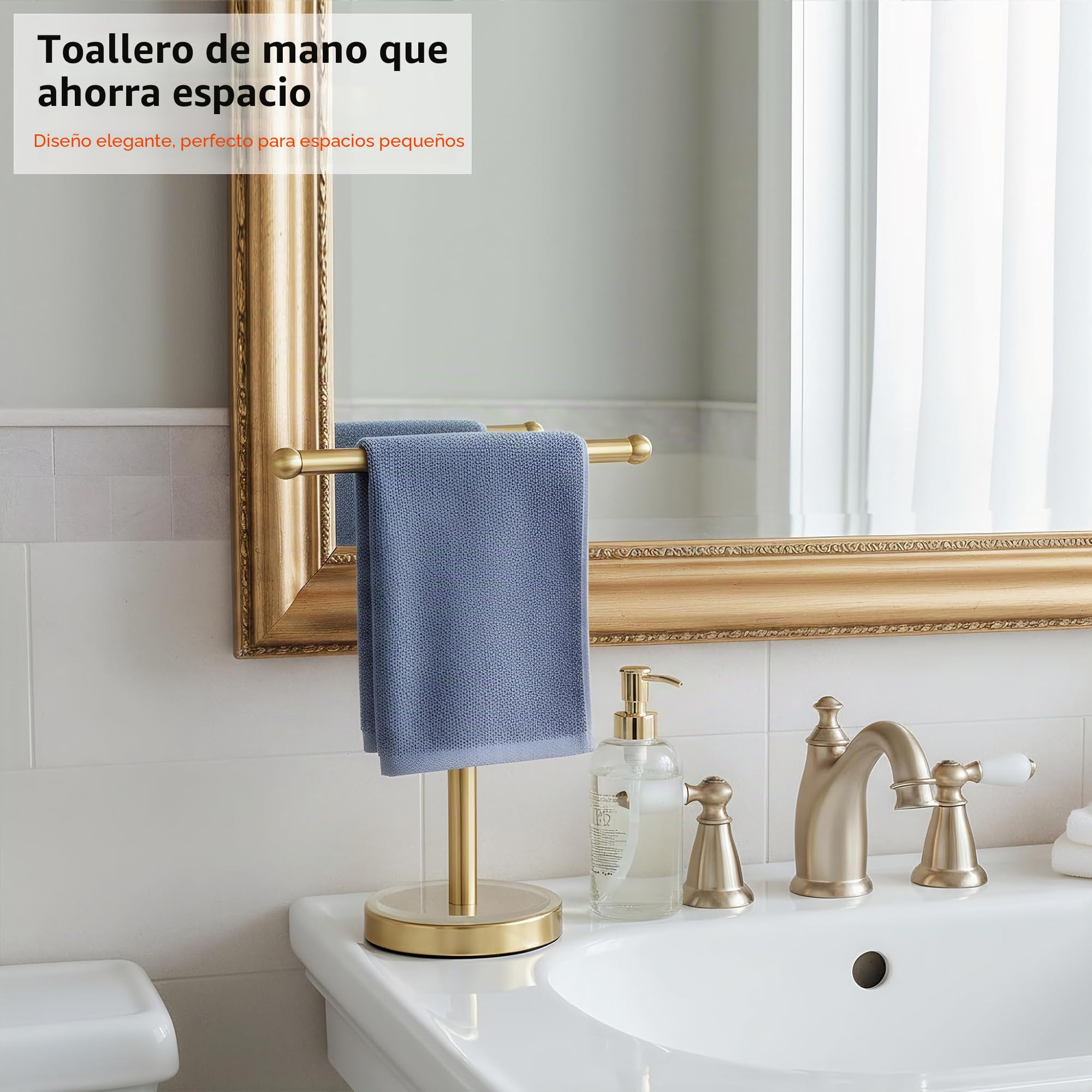 Soporte Dorado para Toallas de Mano con Base de Acero Inoxidable Pesado, toallero en Forma de T, Soporte de Toalla Independiente para encimera de baño (Oro Cepillado)