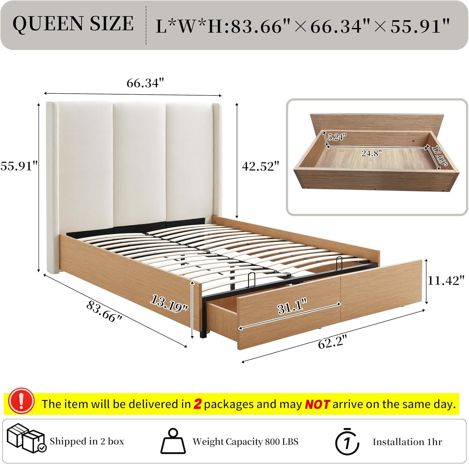 Queen Size Upholstered Platform Bed Frame with 2 Footboard Storage Drawers, Vertical Channel Tufted Velvet Headboard, Sturdy Wooden Slats, Noise-Free Design, No Box Spring Needed, Beige