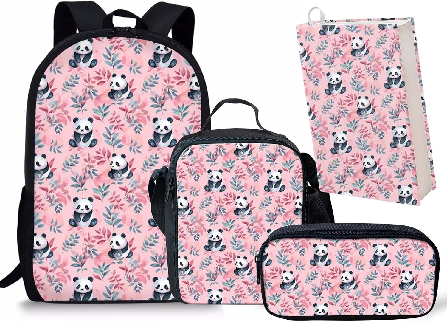 Rnyleeg Koala Backpack for School Pink Strawberry Koala Print Cute Girls Toddler School Bookbag+Lunch Box+Pencil Holder+Stretchable Book Covers Set