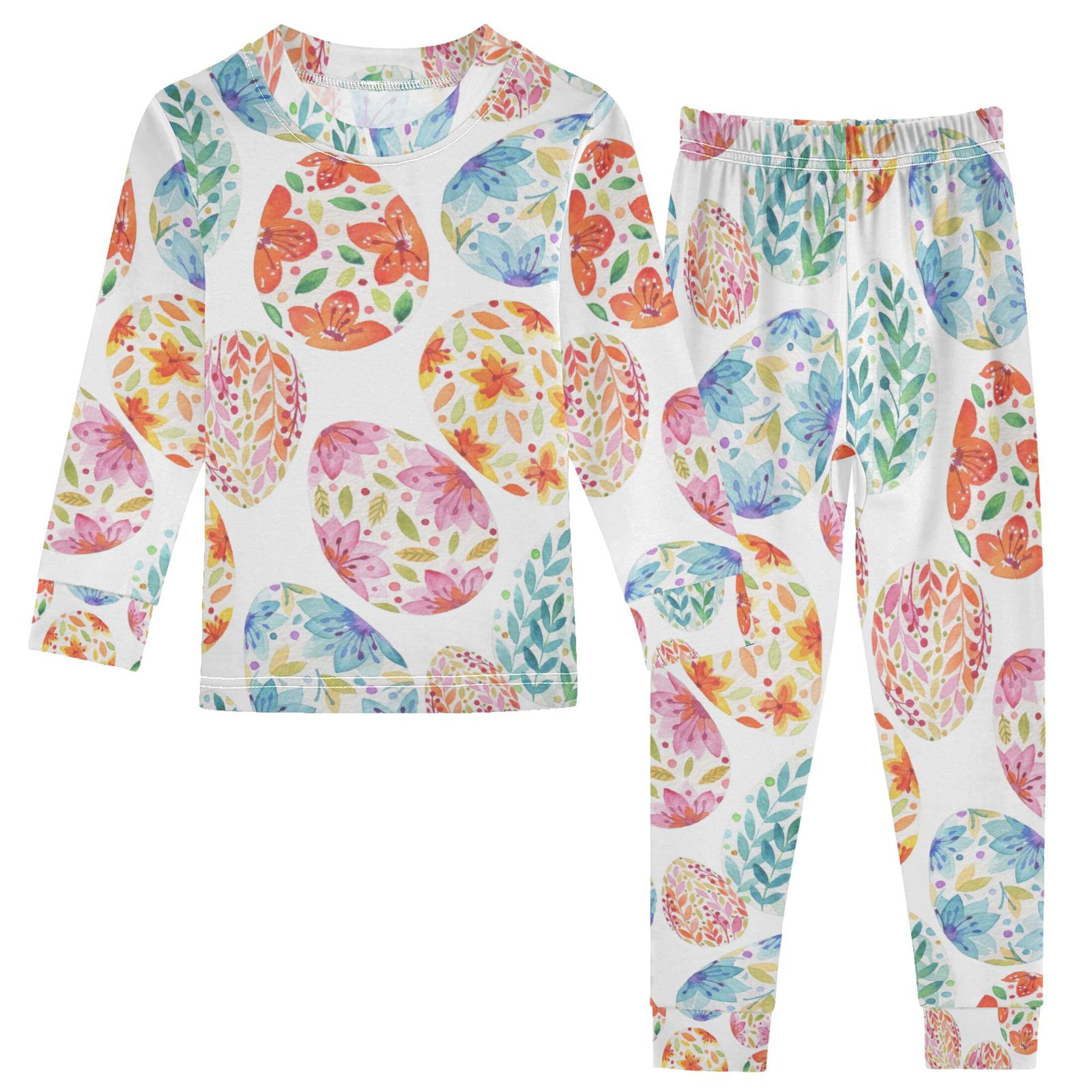 Vozoza Watercolor Easter Eggs Pajama Sets Long Sleeve Top with Pants Cotton Soft Sleepwear 2 Piece Pjs Set Size 3T Multicolor