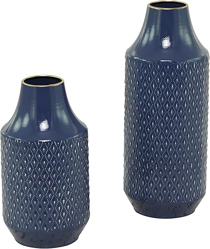 Deco 79 Jarrón exterior con relieve de diamante de metal, juego de 2 16 pulgadas, 12 pulgadas de alto, azul
