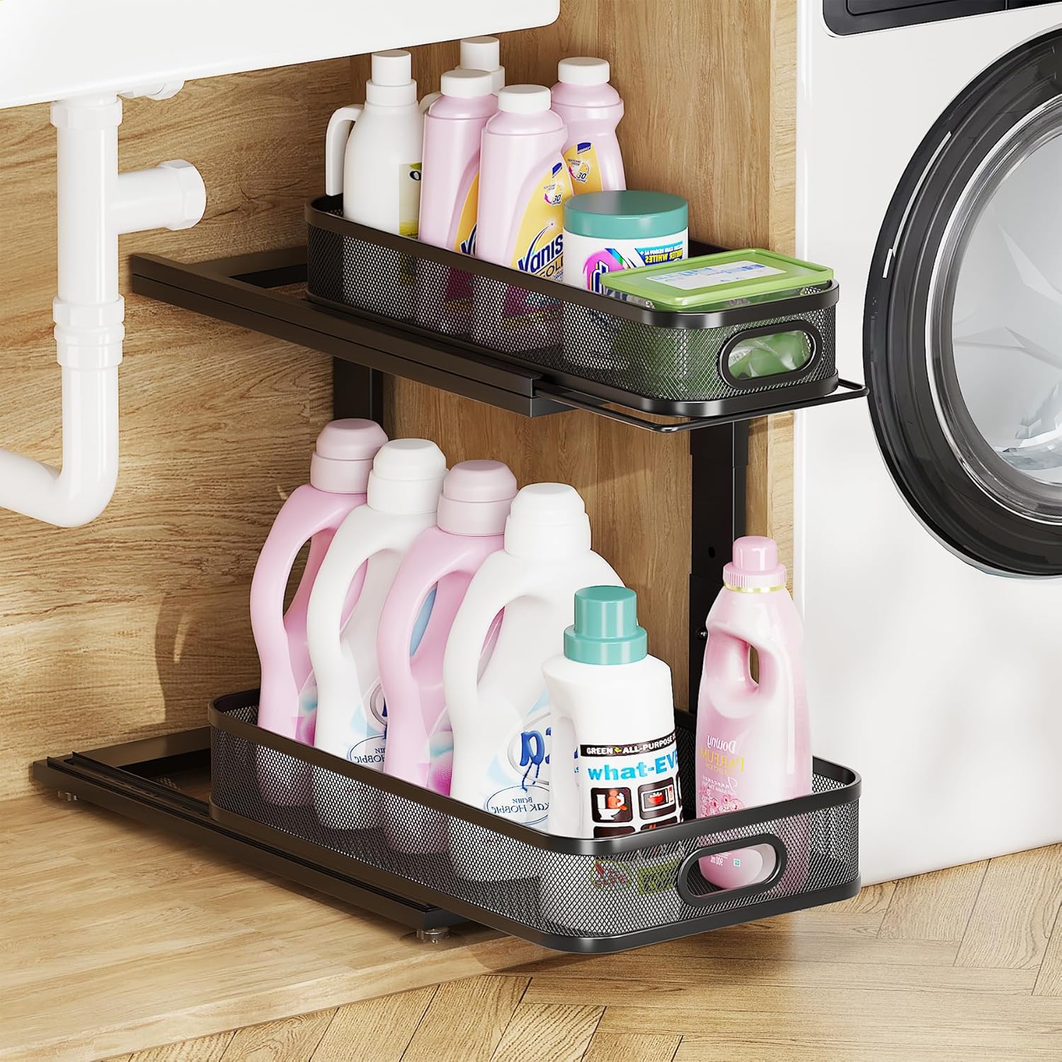 1 Pack-16"D Under Sink Storage Organizer with 2-Tier Slide Out Drawer, Sophisticated Mesh Pull Out Shelf for Kitchen & Bathroom, Fits Small Items, Upgraded Arched Track for Smooth Gliding-Black