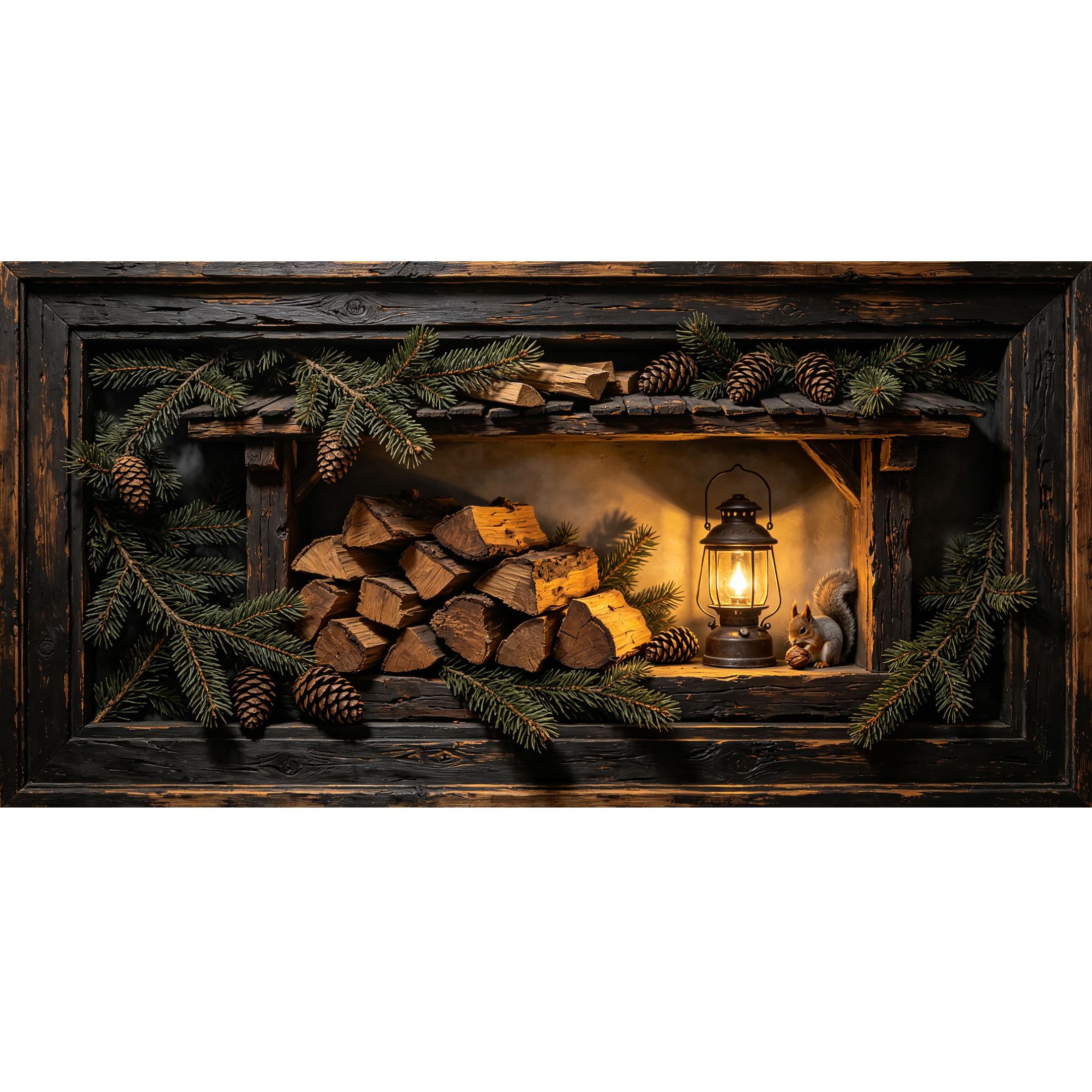 Agglomerix 3D Framed Wall Art Lantern Firewood Pinecone Squirrel Farmhouse Rustic Large Size Self-Adhesive Removable Wall Decor Prints Artwork for Living Room Bedroom Office