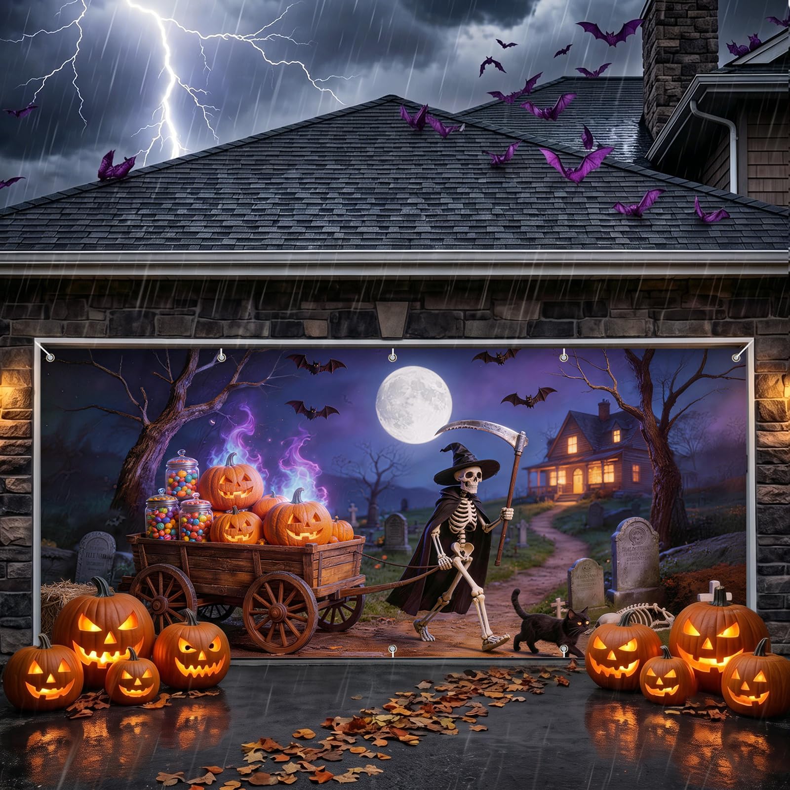 Halloween Garage Door Cover 7×16 FT, Skeleton Pumpkin Wagon Banner