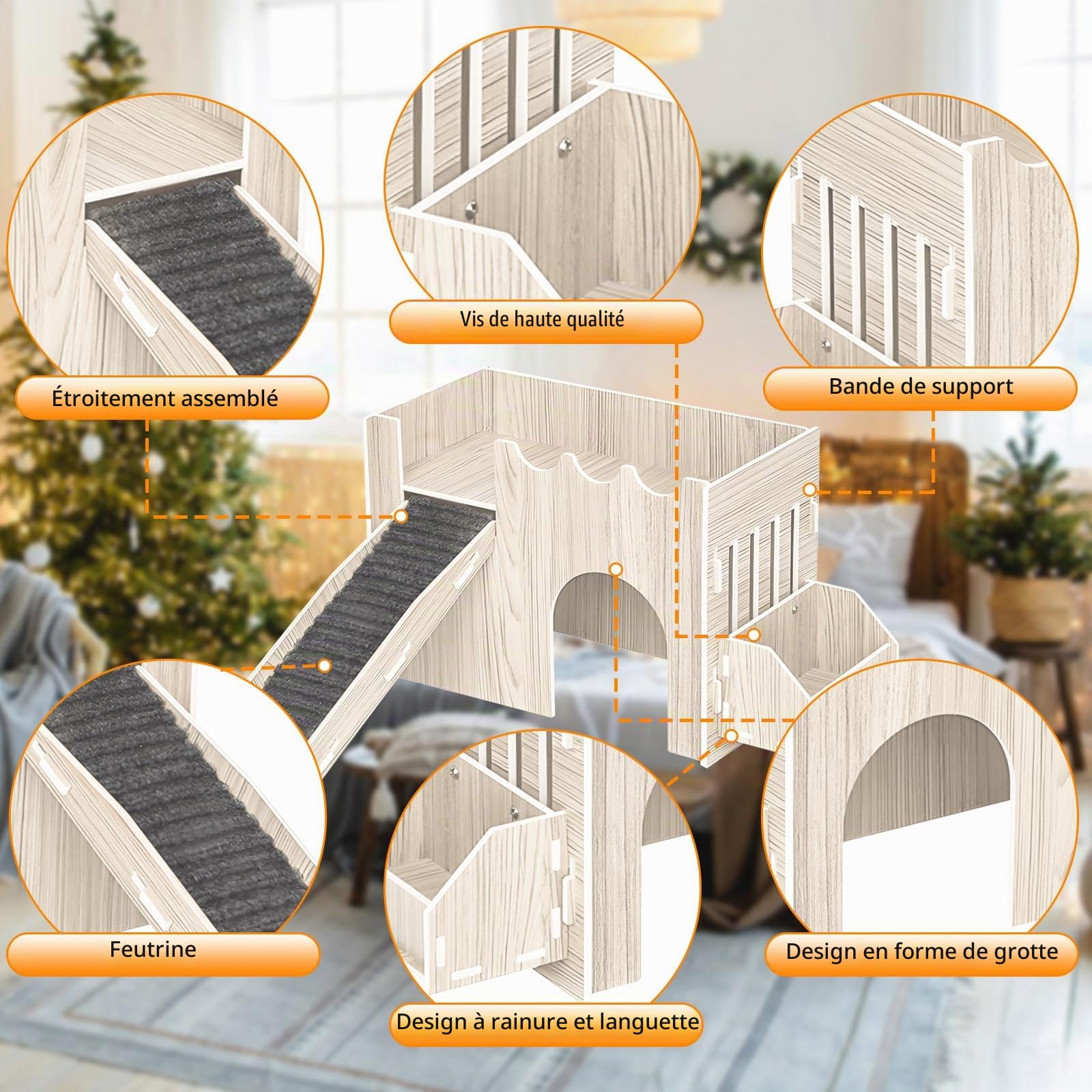 Maison pour Cochon d'Inde avec Bassin d'Alimentation, Cachette en Bois avec Escaliers, Jouet et Habitat Accessoire pour Lapin, Chinchilla
