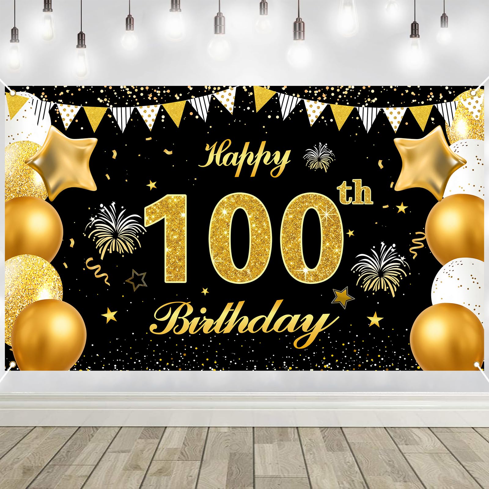 100th Birthday Decorations Banner Gold Black Happy Birthday Door Banner for Party Photo Backdrop for Men Women Home Outdoor Cover Party Decoration Supplies Poster — image 1