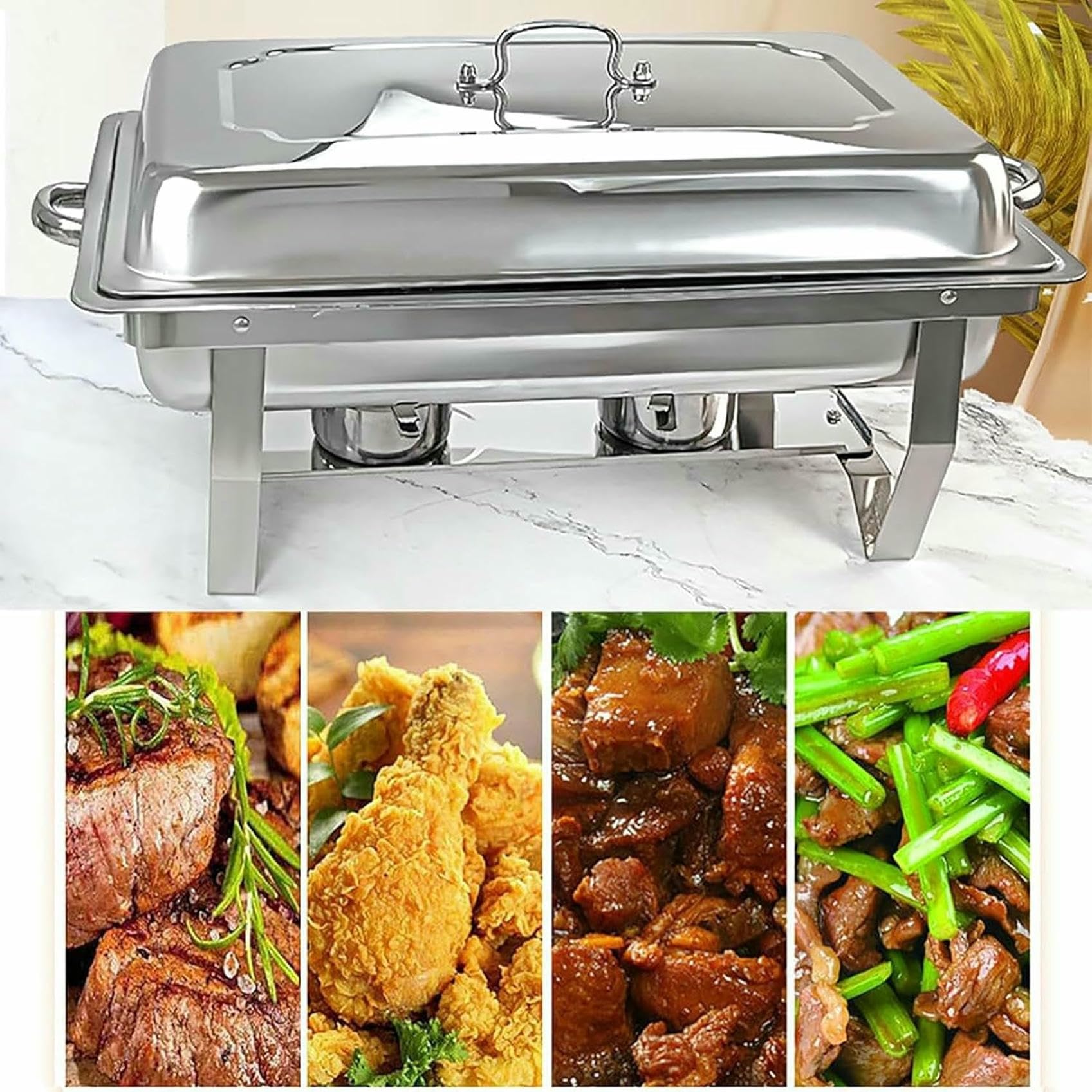 Juego de Buffet Chafing Dish, Calentador de Alimentos portátil, Juego de Buffet Chafing Dish de Acero Inoxidable, para buffets, Bodas, Banquetes y Catering (3 Rejillas, 5 Piezas)