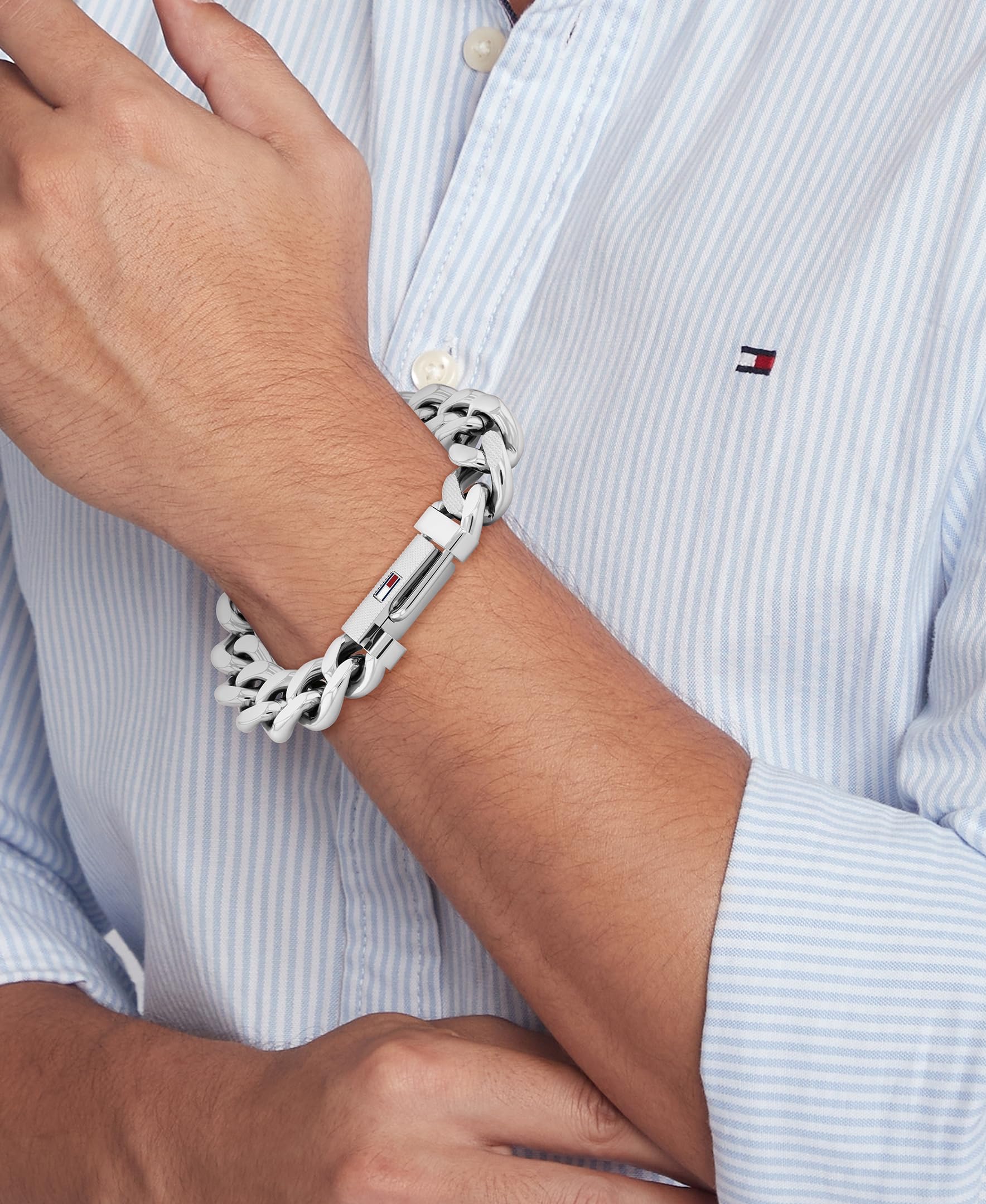 Tommy Hilfiger Jewelry Pulsera de Cadena para Hombre de Acero Inoxidable con la Icónica Bandera