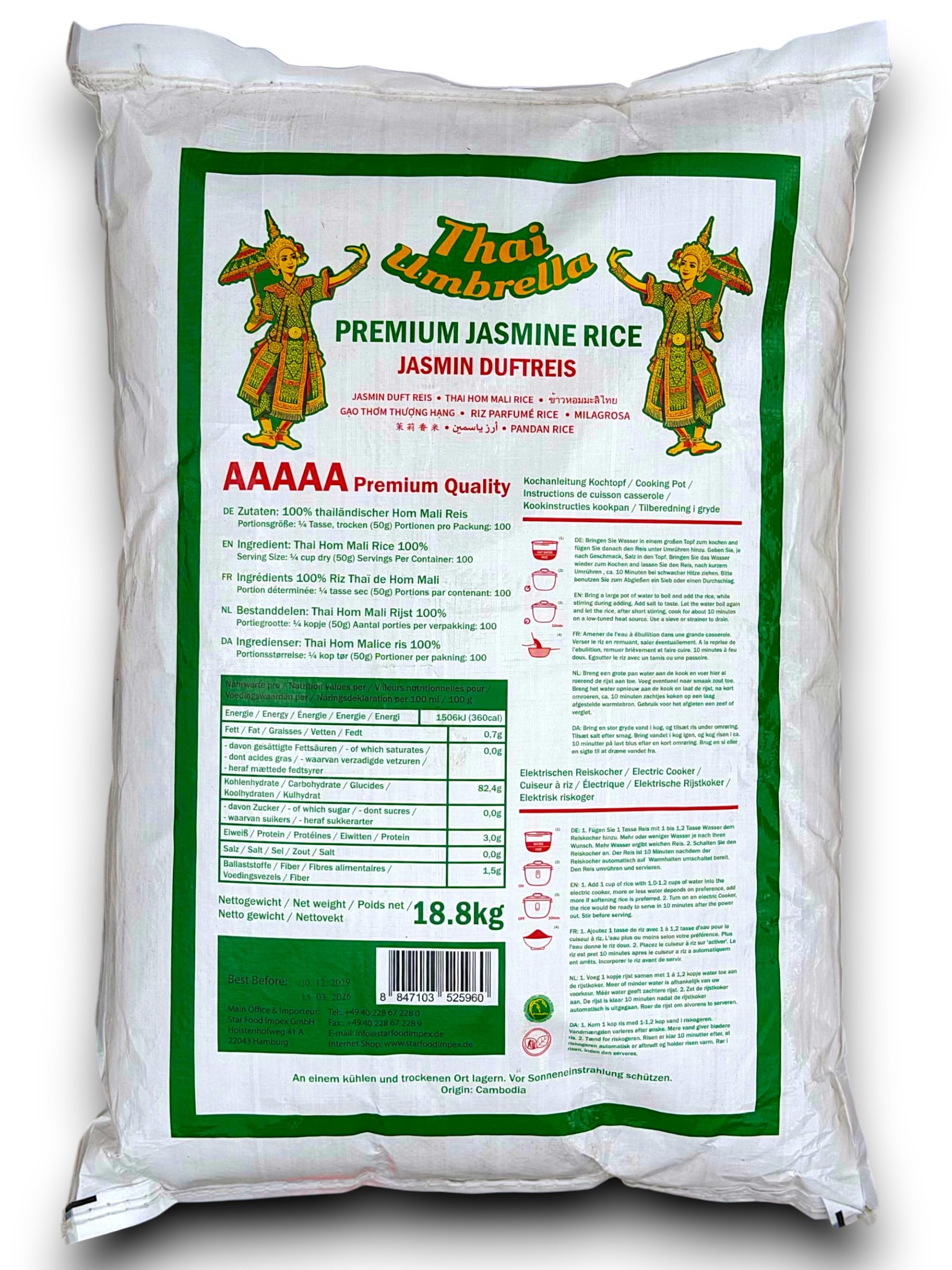 Thai Umbrella Rice Premium Jasmine Scented Rice 18 kg