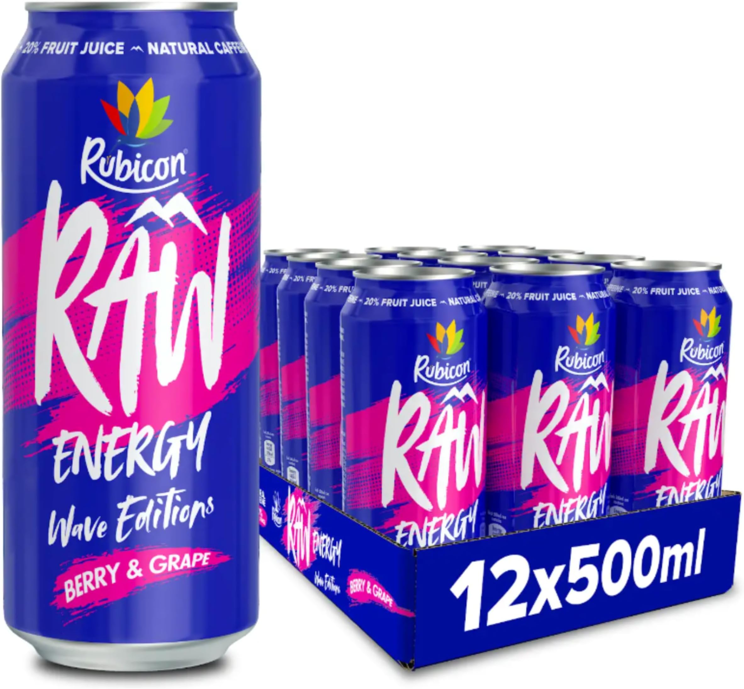 RAW 12 Pack Berry & Grape Wave Edition Energy Drink, 20% Real Fruit Juice, High caffeine with B-Vitamins, Ginseng & Guarana, No Artificial Colours or Flavours, Reduce Tiredness & Boost Energy