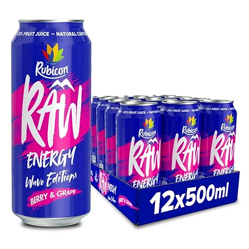 Rubicon RAW 12 Pack Berry & Grape Wave Edition Energy Drink, 20% Real Fruit Juice, High caffeine with B-Vitamins, Ginseng & Guarana, No Artificial Colours or Flavours, Reduce Tiredness & Boost Energy - Berry & Grape - 500ml - 12 Cans
