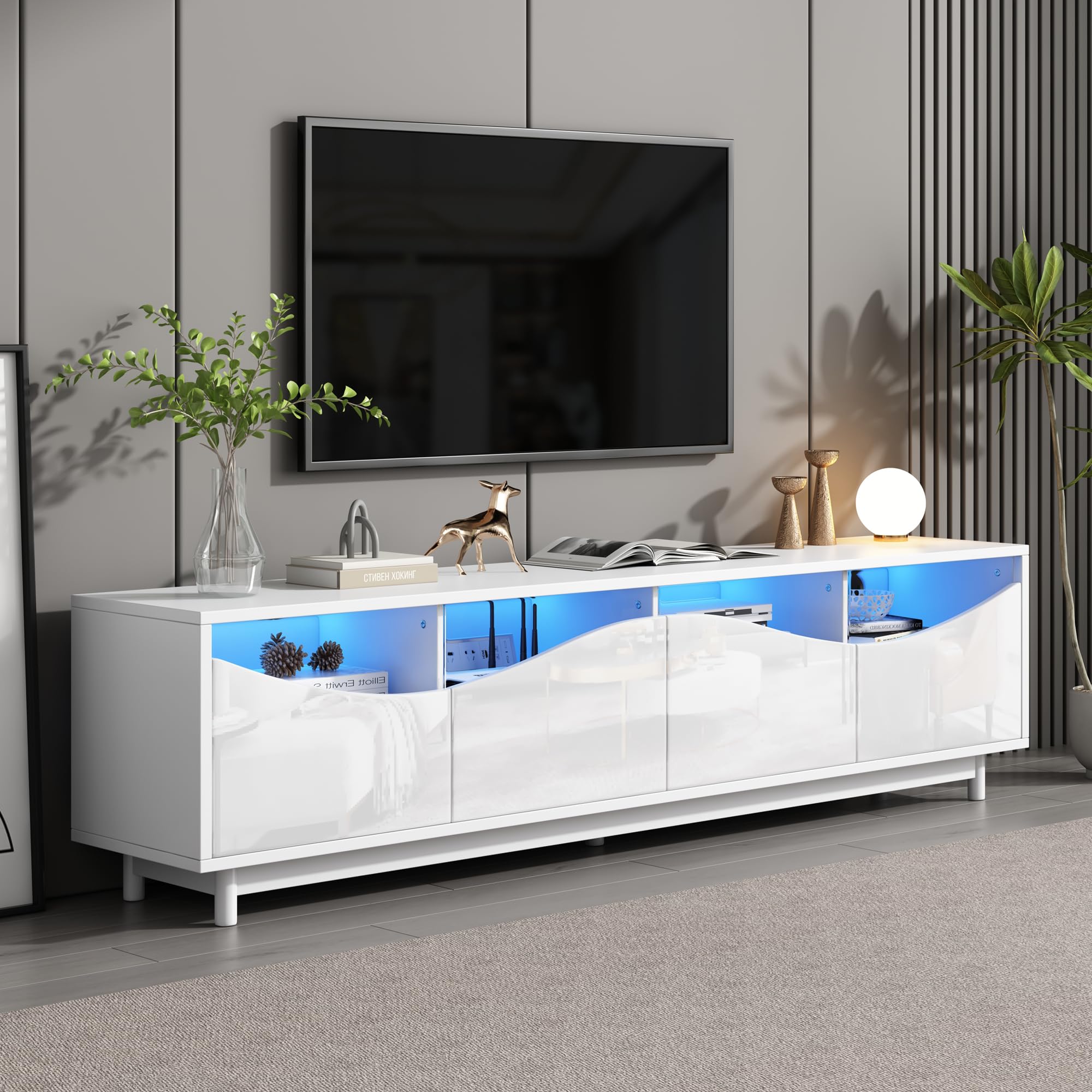 BTM TV-Schrank in geschwungenem Design, weiß, hochglänzend, Schranktür aus gehärtetem Glas, LED-Beleuchtung, geeignet als Unterhaltungsmöbel, Schlafzimmer, Wohnzimmer, 175 x 38 x 51 cm