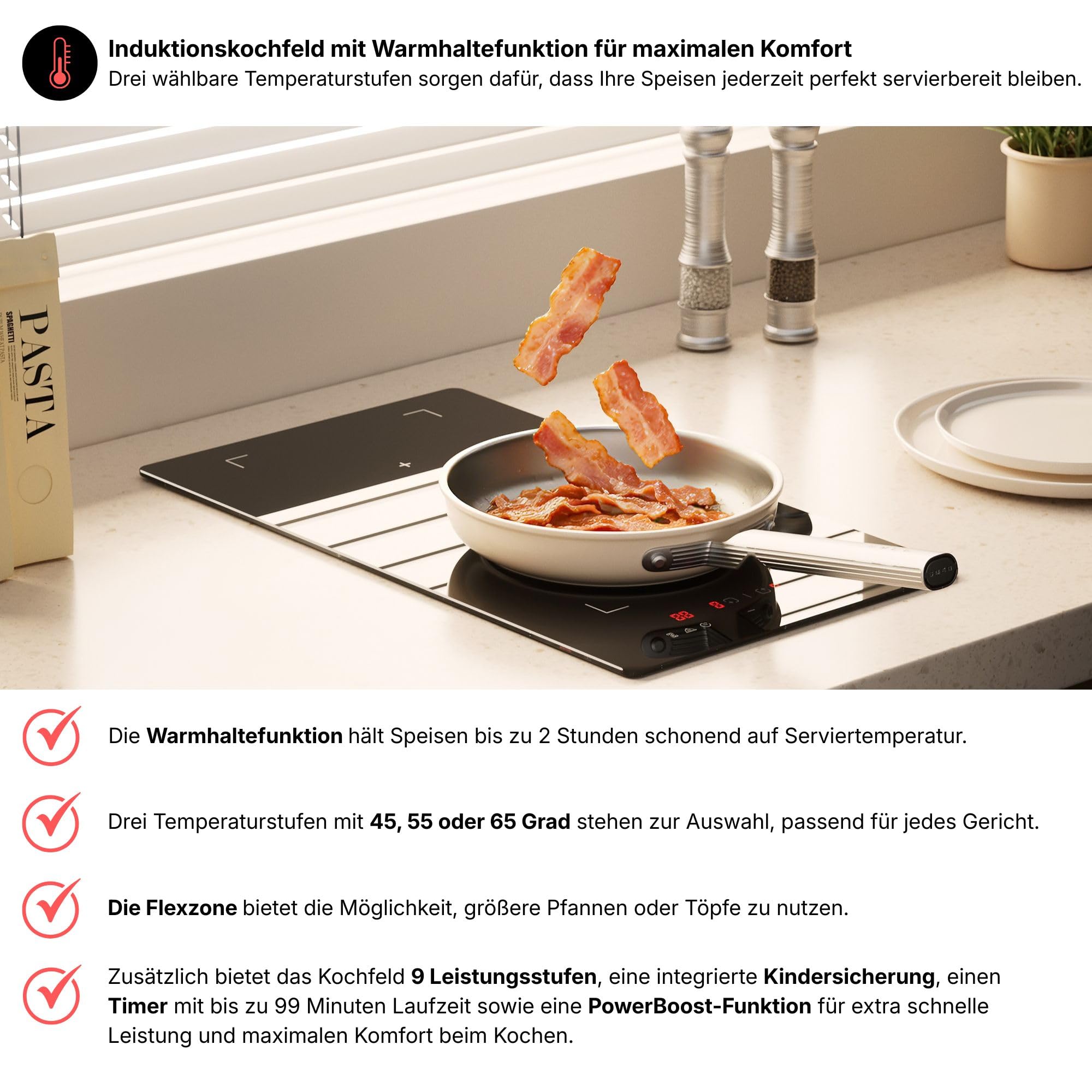 Induktionskochfeld mit stecker, Induktionskochfeld 2 platten, Warmhaltefunktion, Flexzone, Autark, Rahmenlos, Touch-Bedienung