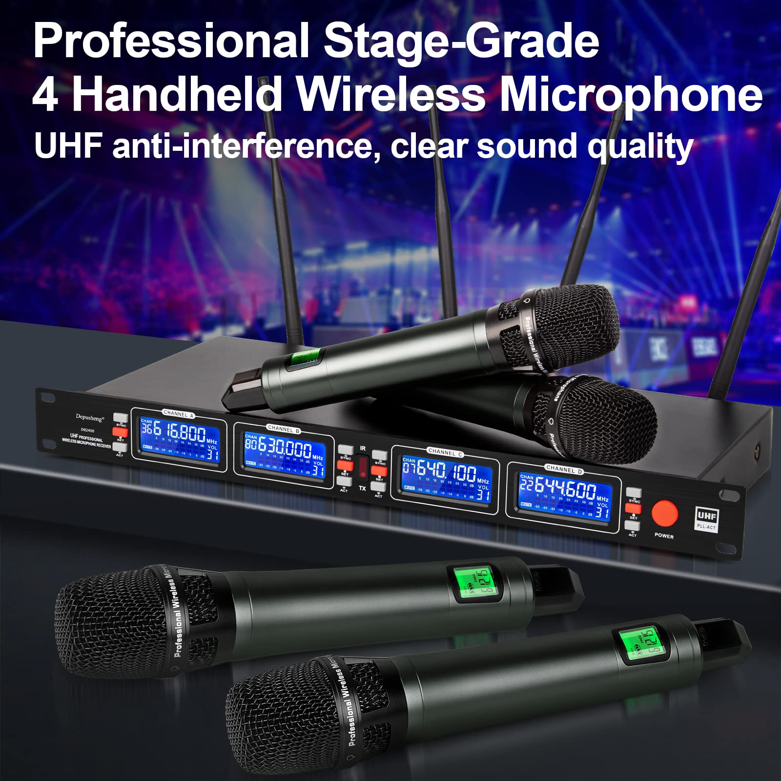 Depusheng DR2400 micrófono inalámbrico de Mano de 4 Canales para Escenario Profesional, Carcasa de Metal, Rango de recepción de 100 Metros, Muy Adecuado para Karaoke, Fiestas, Bodas