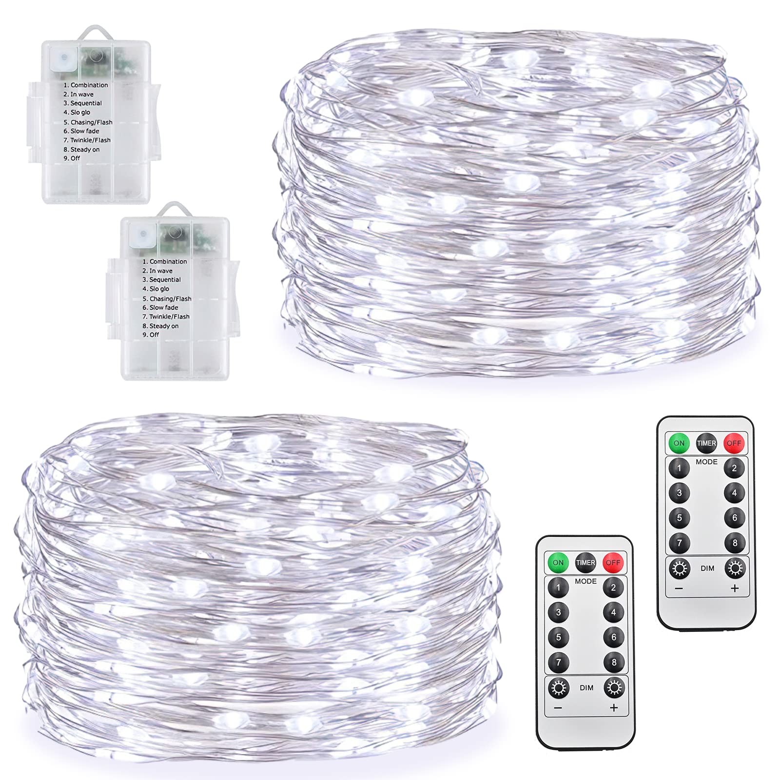 Livired 2Pack LED Guirnalda Luces Pilas 10M 100 LED, Lamparas Led Navidad Interior con Mando a Distancia & 8 Modos, para Nalidad Interior, Fiestas, Halloween, Jardines, Boda Decoración(Blanco)…