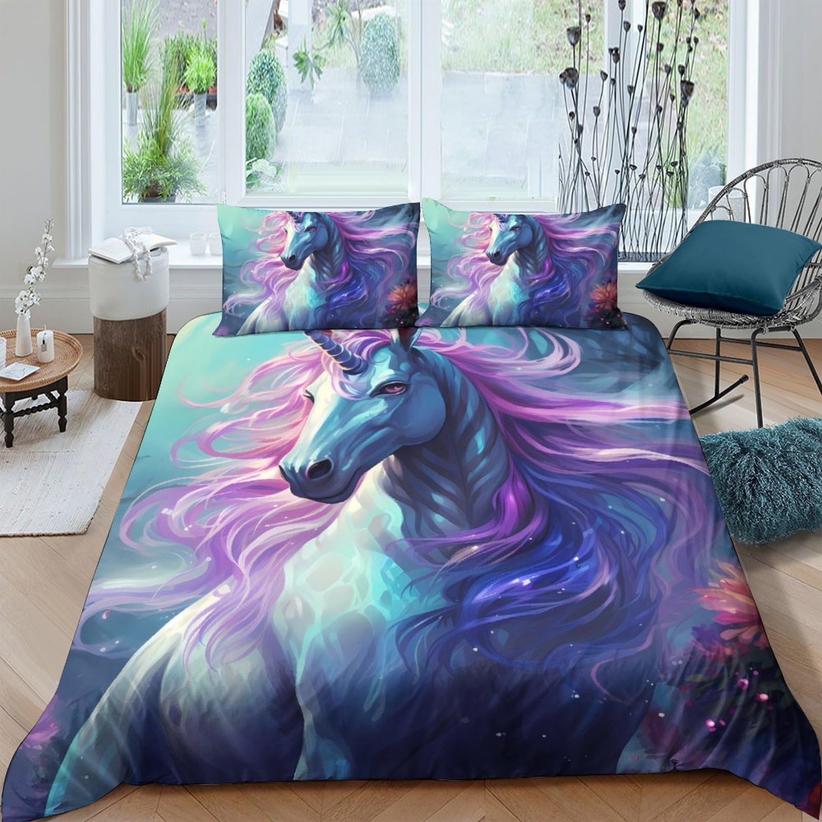 Ctjqhvkz Style-7 3D Printed Fantasy Unicorn Fitted Sheet Microfiber Soft Blue Purple Dream Bed Cover For Bedroom Dorm Decor Single（135X200cm）