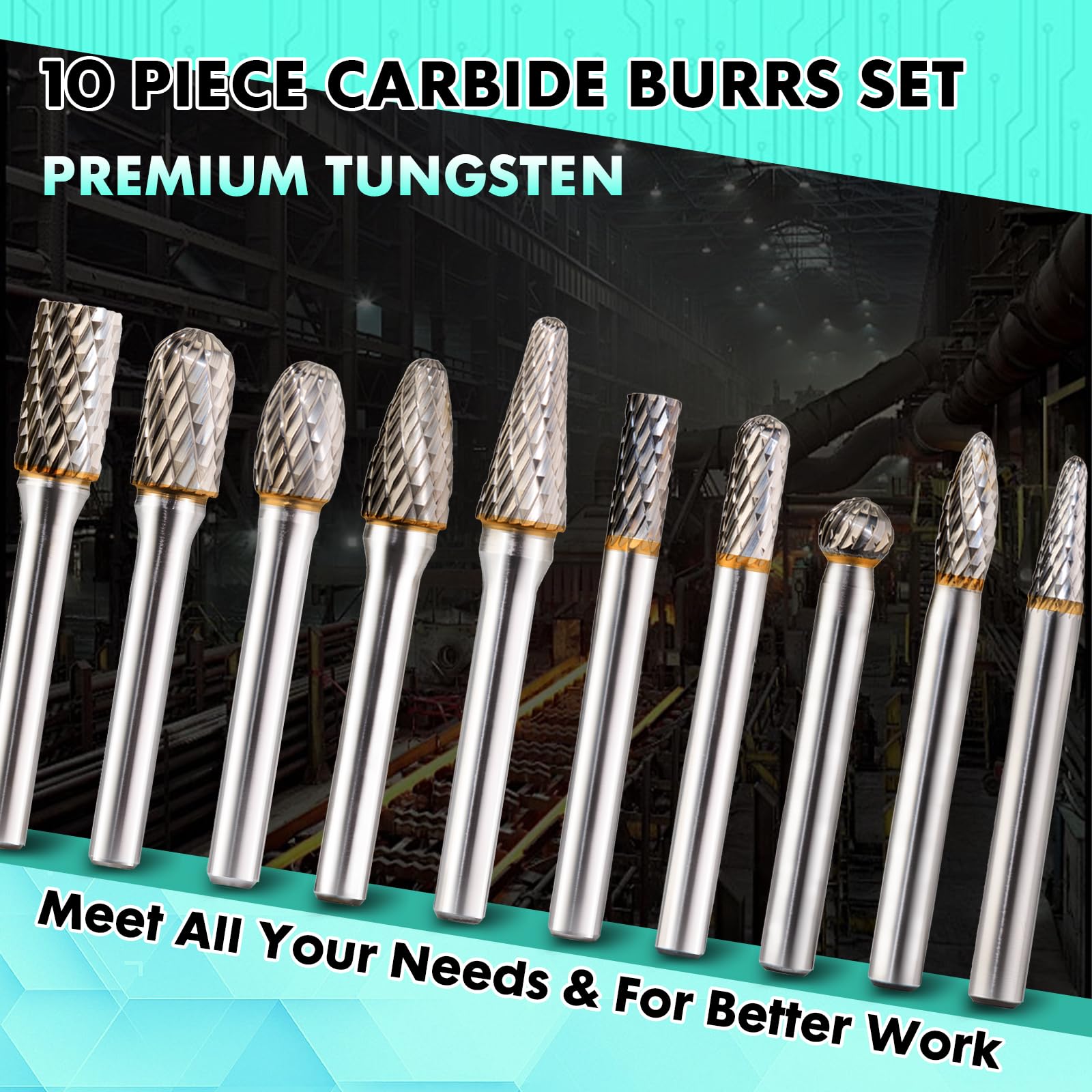 10 PCS 1/4" Shank Tungsten Carbide Burr Set Double Cut for Metal Grinding, Deburring Die Grinder Bits Fit Dewalt Milwaukee Die Grinders Accessories 1PC Mandrel & 5PC 3inch Cut Off Wheel — Amazon image 4