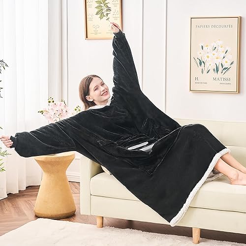 Miniatura 3 de IVOKO Manta con capucha de gran tamaño de forro polar Sherpa con capucha con doble bolsillo visible, acogedora y gigante, manta con capucha plegable