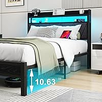 Vista 5 de Base de cama matrimonial con luces LED, cabecera tapizada y estación de carga, plataforma de metal, tamaño matrimonial con estantes